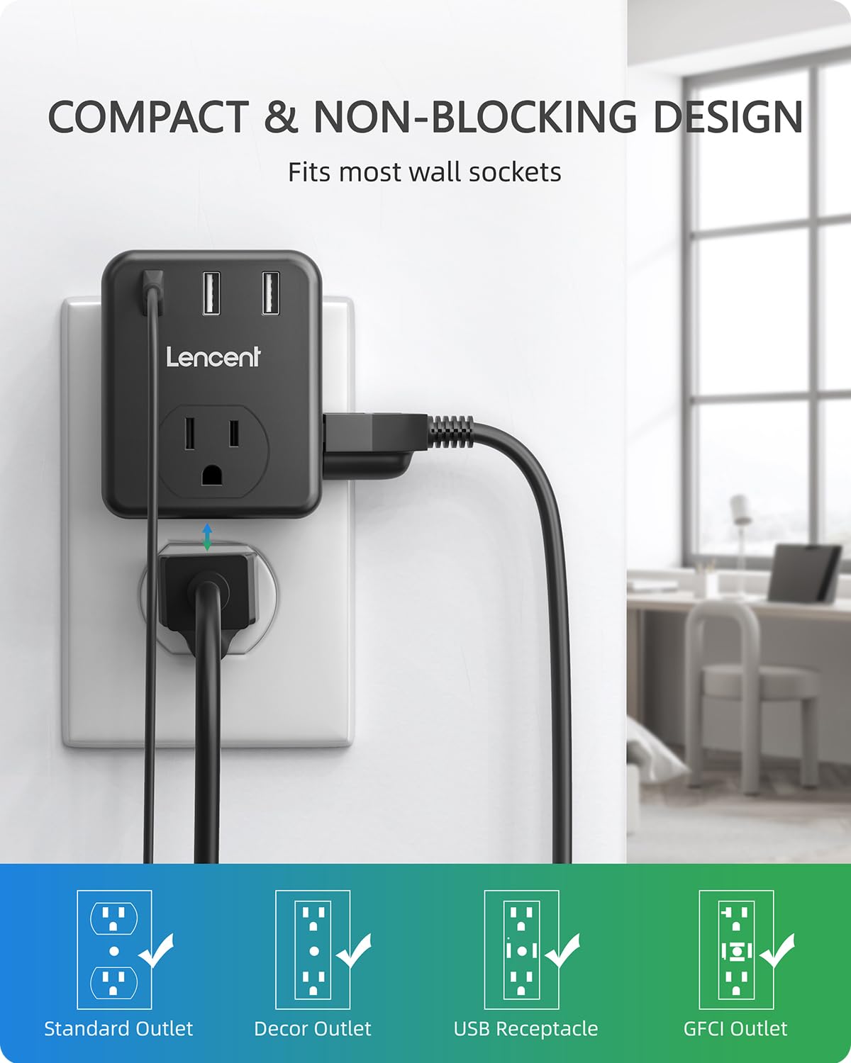 Lencent Multi Plug Outlet Extender, 2 Pack, Usb Brick, 3 Outlets Splitter With 3 Usb Ports, Wall Charger, 3 Prong Power Charging