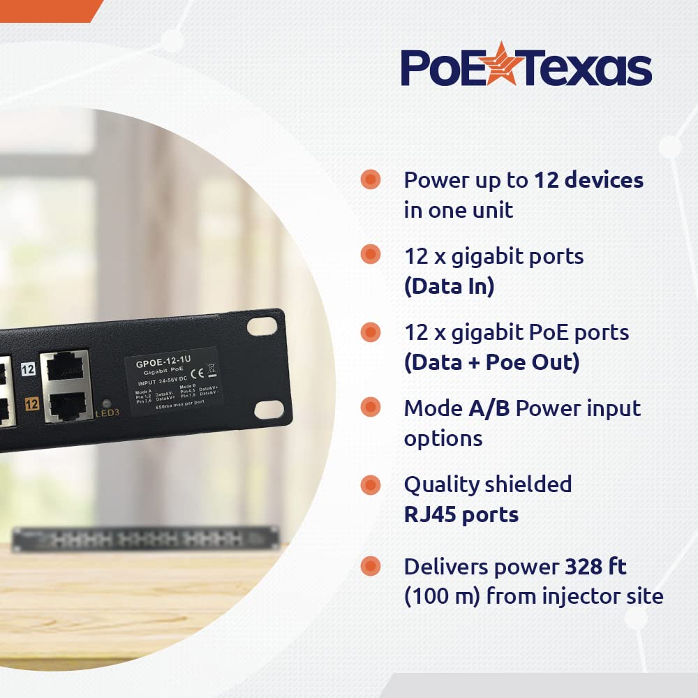Poe Texas   Poe Injector   12 Port Gigabit Passive Midspan Injector With 48V 120 Watt Ul Power Supply   Power Over Ethernet For