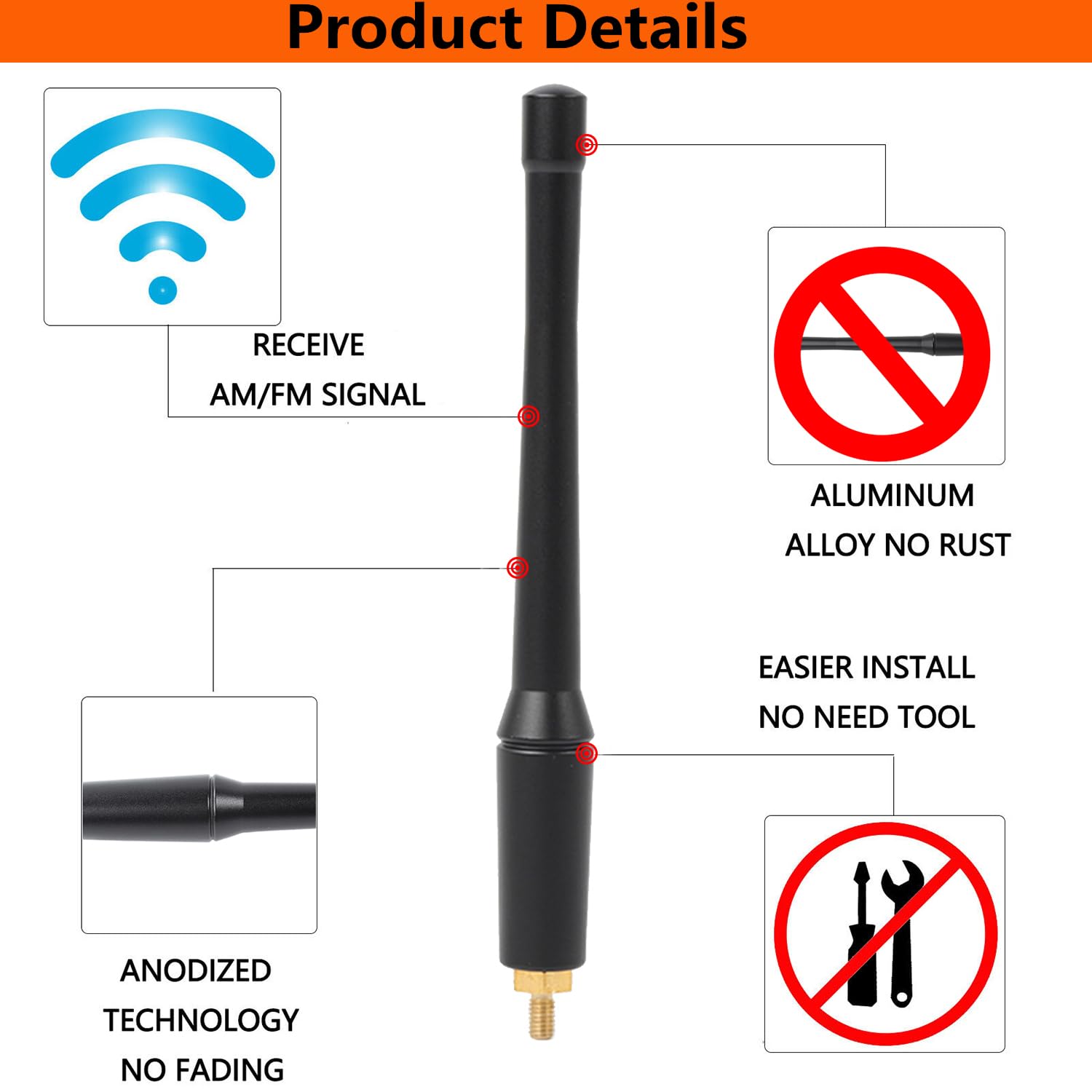 6'' Off Road Short Antenna Upgrade For Jeep Wrangler Jk Jl Jlu Jt Rubicon Sahara Sport 2007 2024 Fm/Am Cb Shorty Antenna Replace