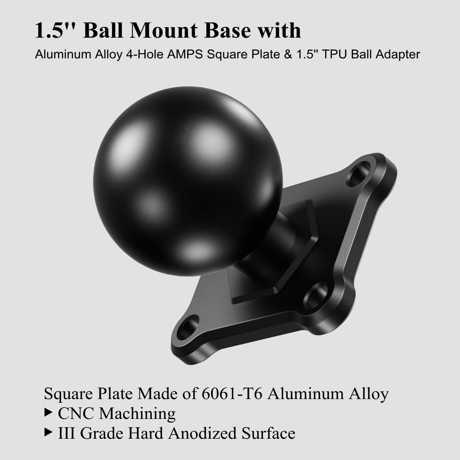 Brcovan 1.5'' Ball Mount Base With Aluminum Alloy 4 Hole Amps Square Plate, Compatible With Ram Mounts C Size 1.5 Inch Ball Double Socket Arm