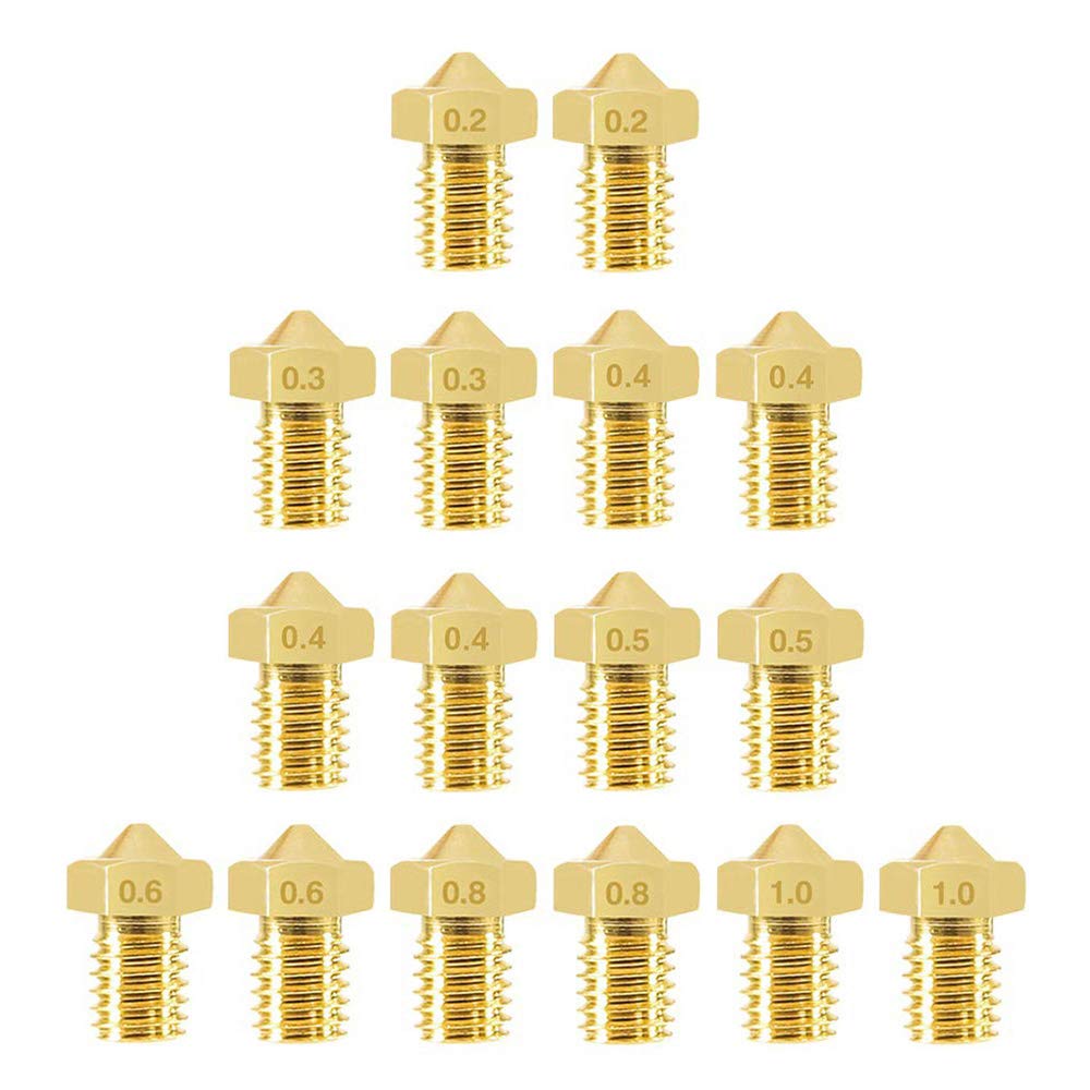 Aokin 16 Pcs Extruder Nozzles 3D Printer Brass Nozzles For E3D V5 V6 0.2Mm 0.3Mm 0.4Mm 0.5Mm 0.6Mm 0.8Mm 1.0Mm For 1.75Mm Filame