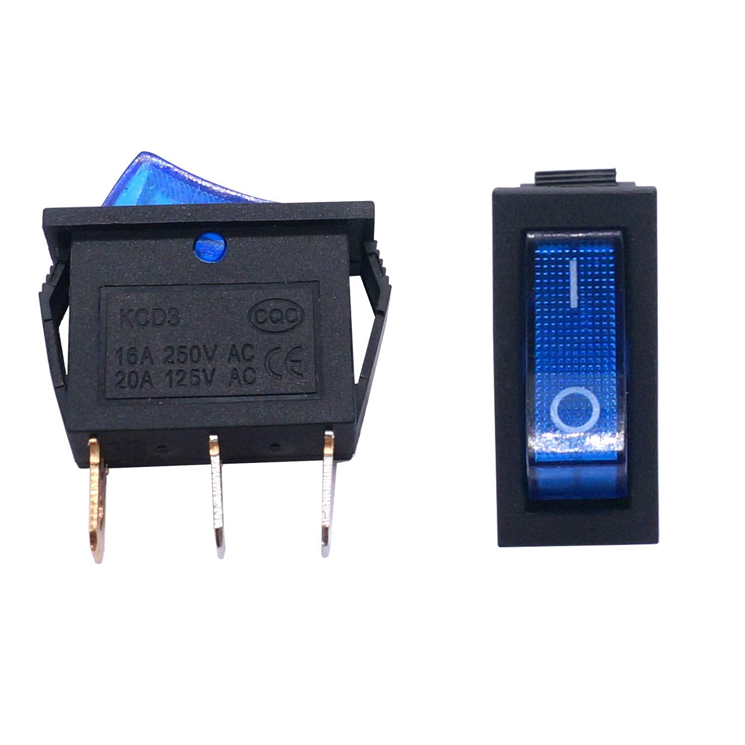 Twidec/5Pcs Rocker Switch Toggle Ac 20A/125V 15A/250V Spst 3 Pins 2 Position On/Off Blue Led Light Illuminated Boat Switch Kcd3