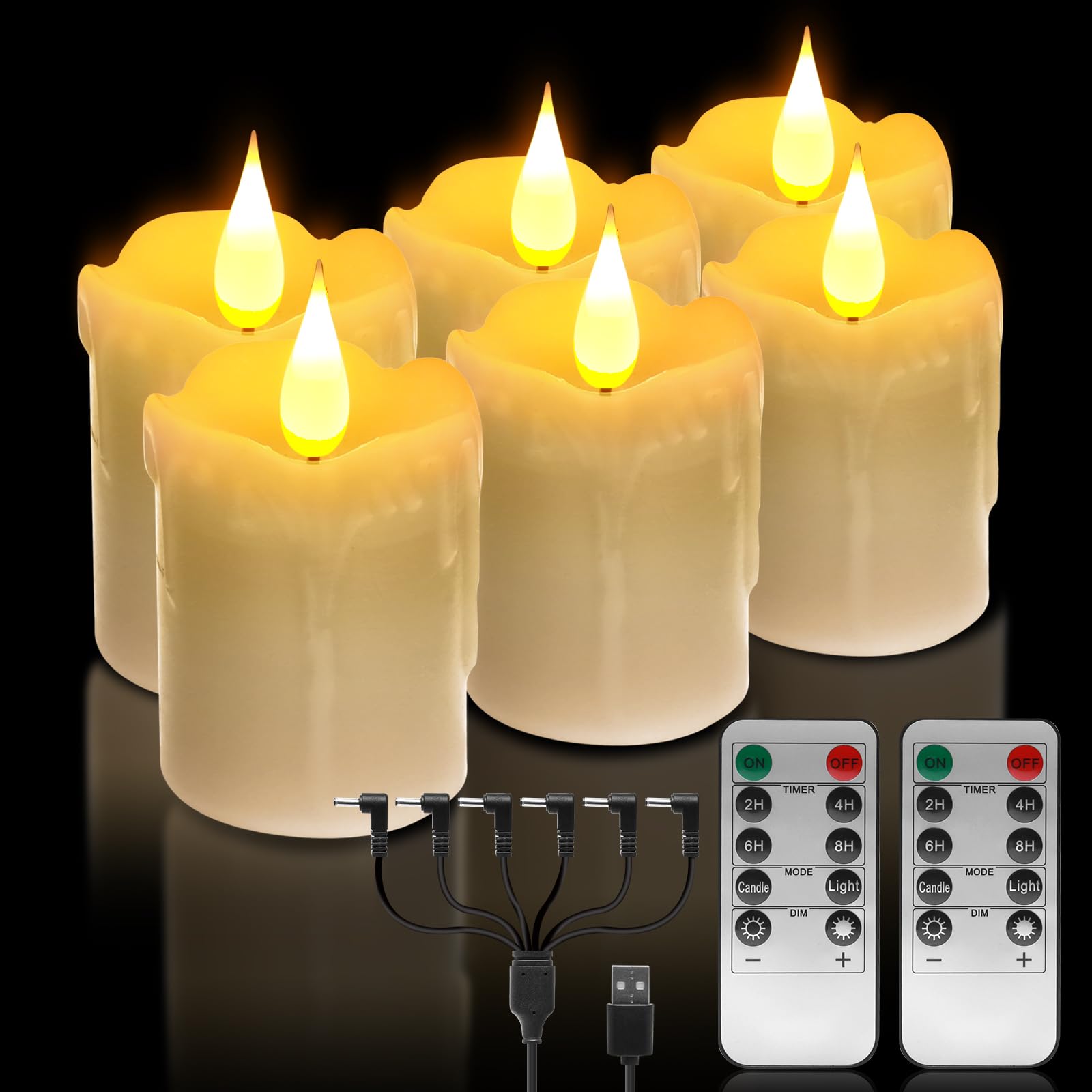 6 Pcs Real Wax Rechargeable Flameless Warm White Led Candles,Remote Control,D2 X H4   ,Brightness Adjustable Flickering Battery