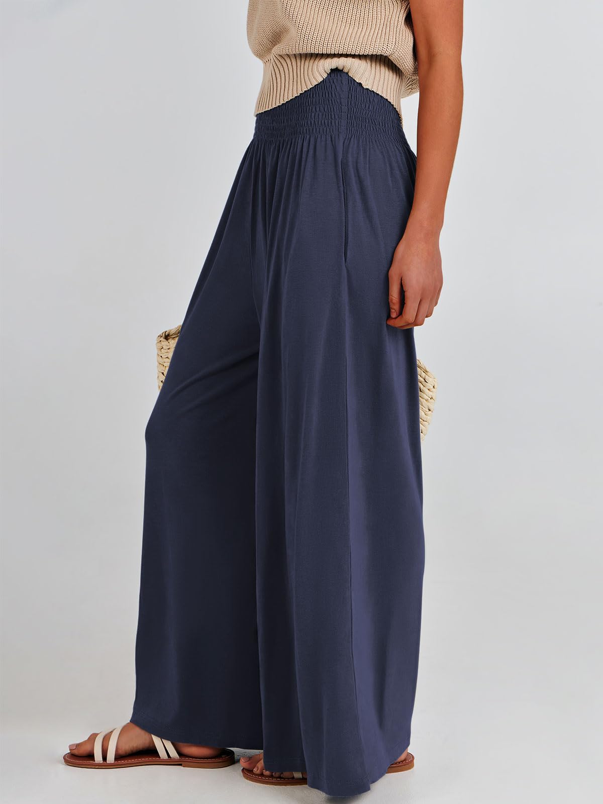 Anrabess Women Palazzo Pants Summer Boho Bagyy Wide Leg High Smocked Waist Casual Loose Lounge Pant With Pocket Deep Blue X Larg