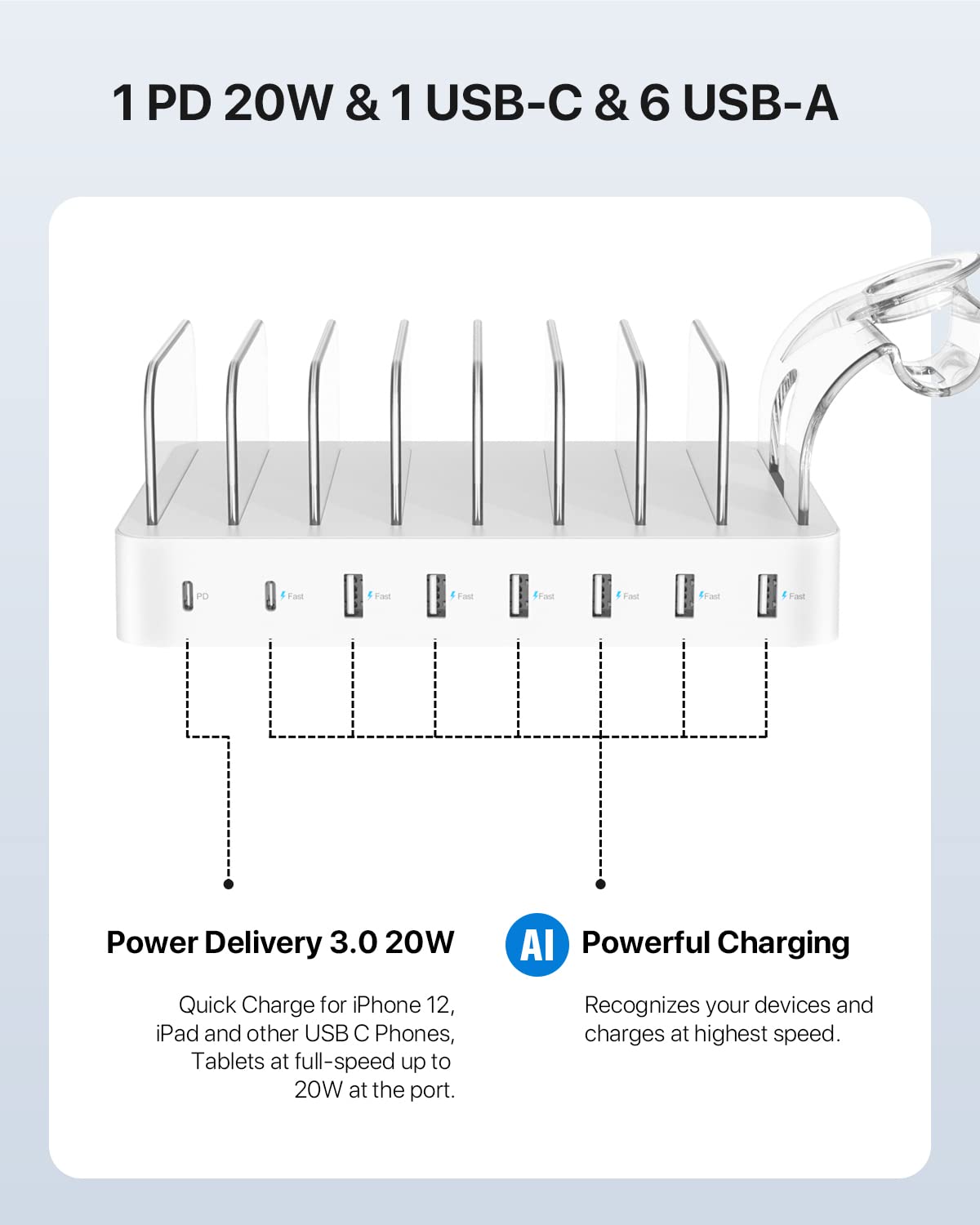 Soopii 8 Port Usb C Charging Station For Multiple Devices, With 1 Pd 20W Port Supports Fast Charging, 8Pcs Mixed Charging Cables