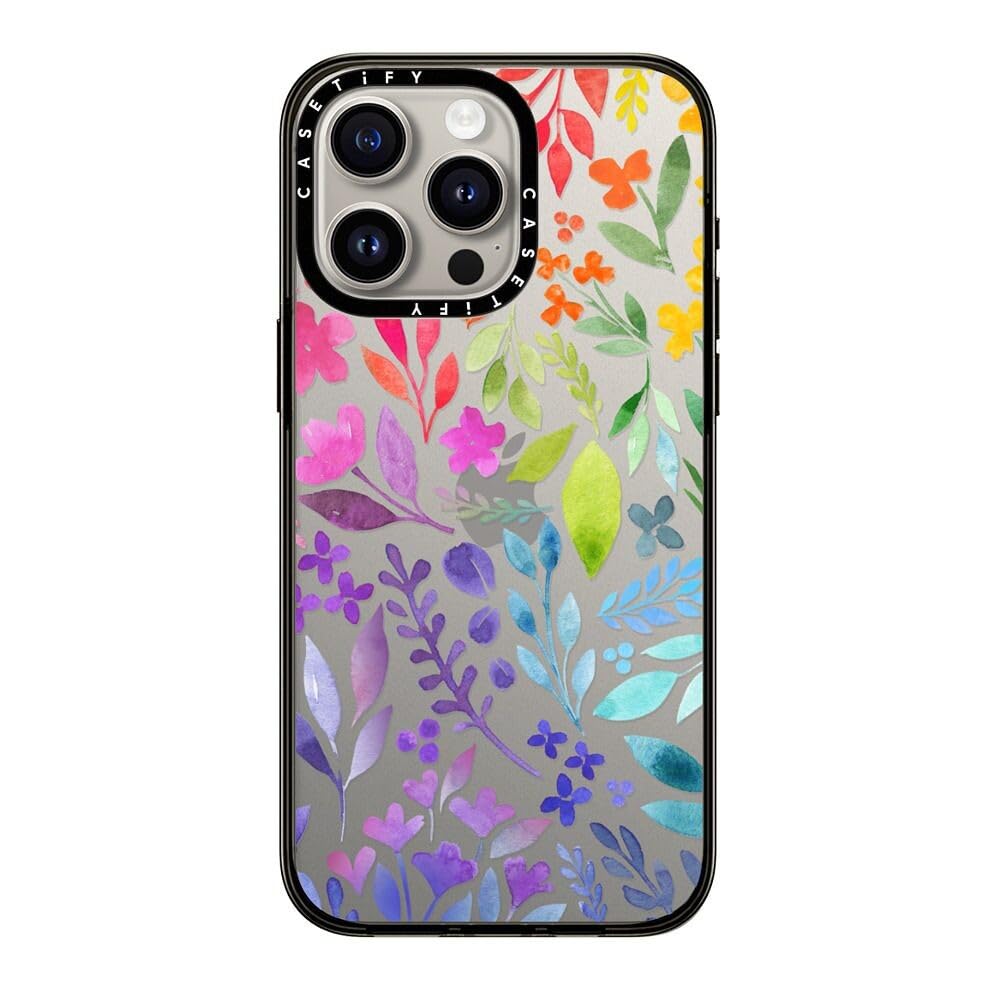 Casetify Compact Case For Iphone 15 Pro Max [2X Military Grade Drop Tested / 4Ft Drop Protection]   Floral Rainbow   Clear Black