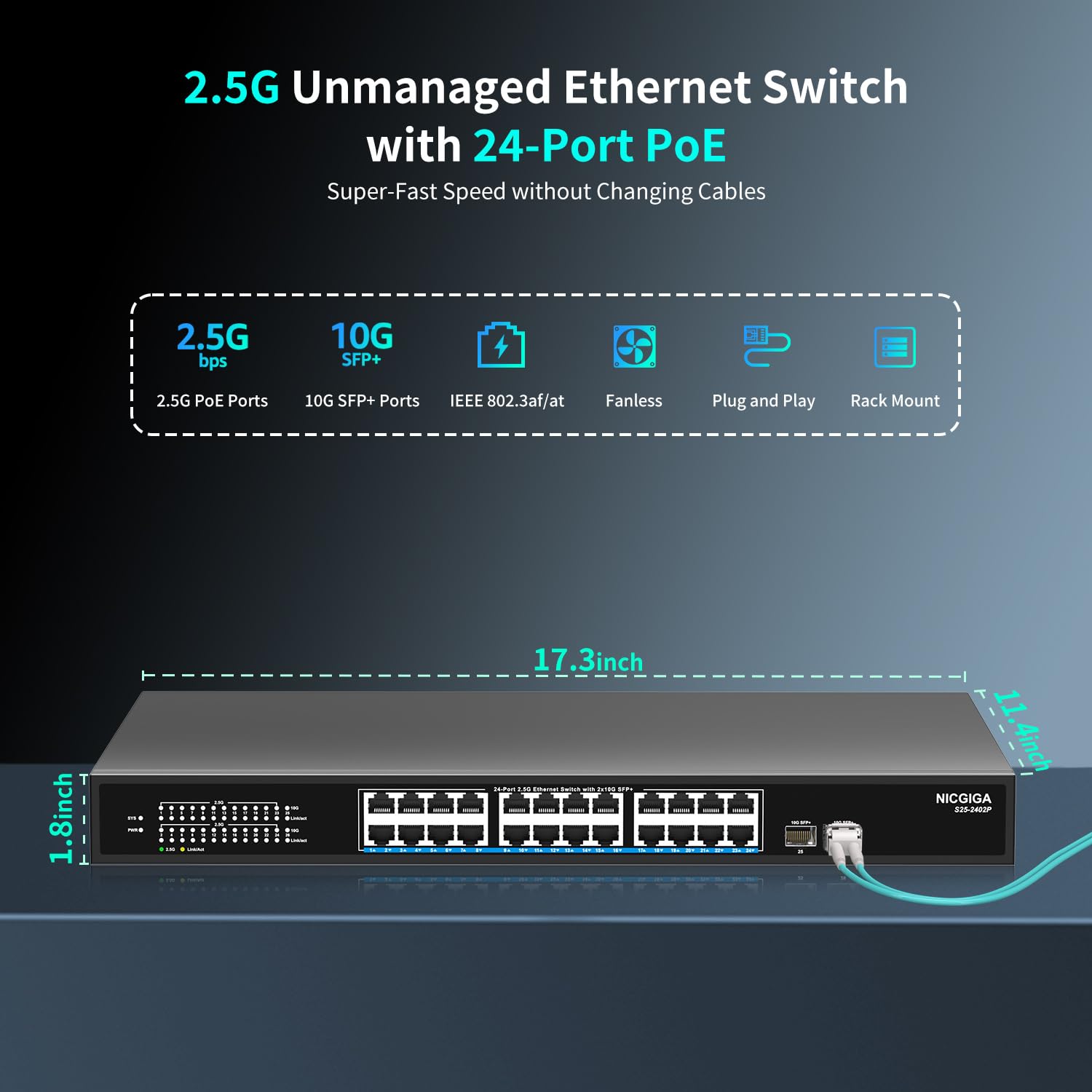 24 Port 2.5G Poe Switch Unmanaged With 24 Port 2.5Gb Base T Poe+@400W + 2 X 10G Sfp+ Uplink, Nicgiga 26 Port 2.5Gbe Ieee802.3Af/