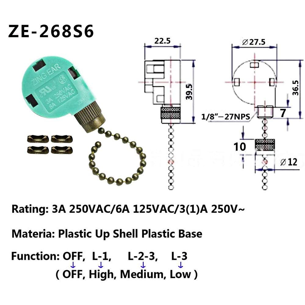 Akahttbn Ceiling Fan Switch Zing Ear Ze 268S6, 3 Speed 4 Wire Speed Control Pull Chain Cord Appliances Switch Replacement Parts