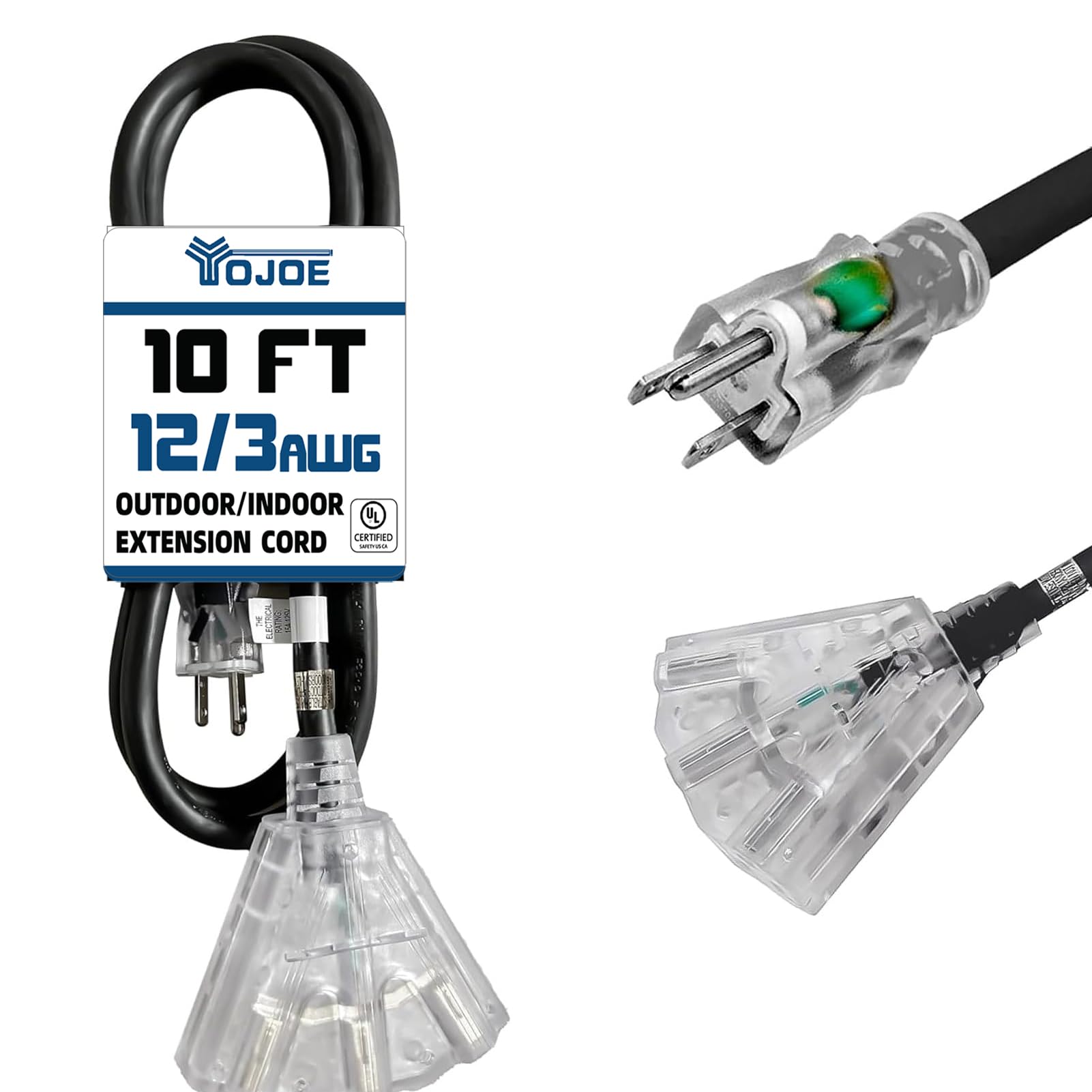 Yojoe 3 Outlets Indoor Outdoor Extension Cord With Lighted End, 3 Prong 15A Weatherproof Power Cord, 12 Gauge Heavy Duty 10 Ft B