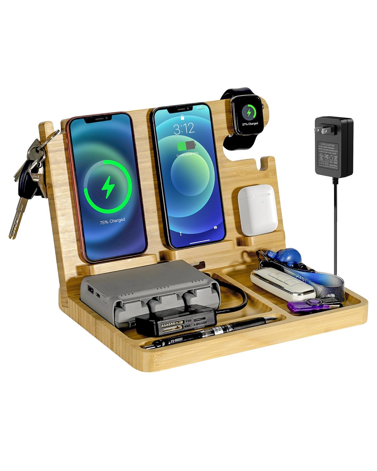 Nightstand Charging Station, 27W Fast Charging Wireless Charger Stand for iPhone/iWatch/Airpod/Samsung, Bamboo Phone Docking Sta