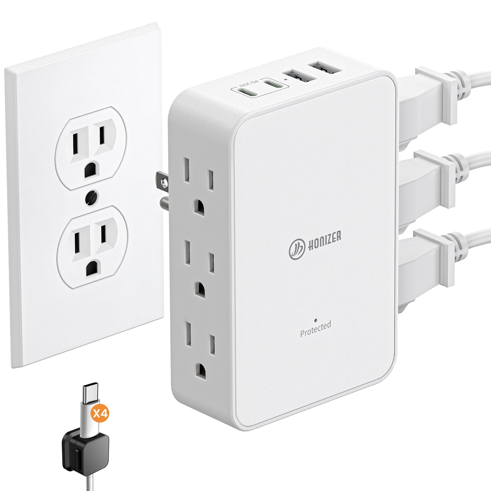 HONIZER Outlet Extender with 6AC Side Outlets,Flat Wall Outlet,PD 20W USB C