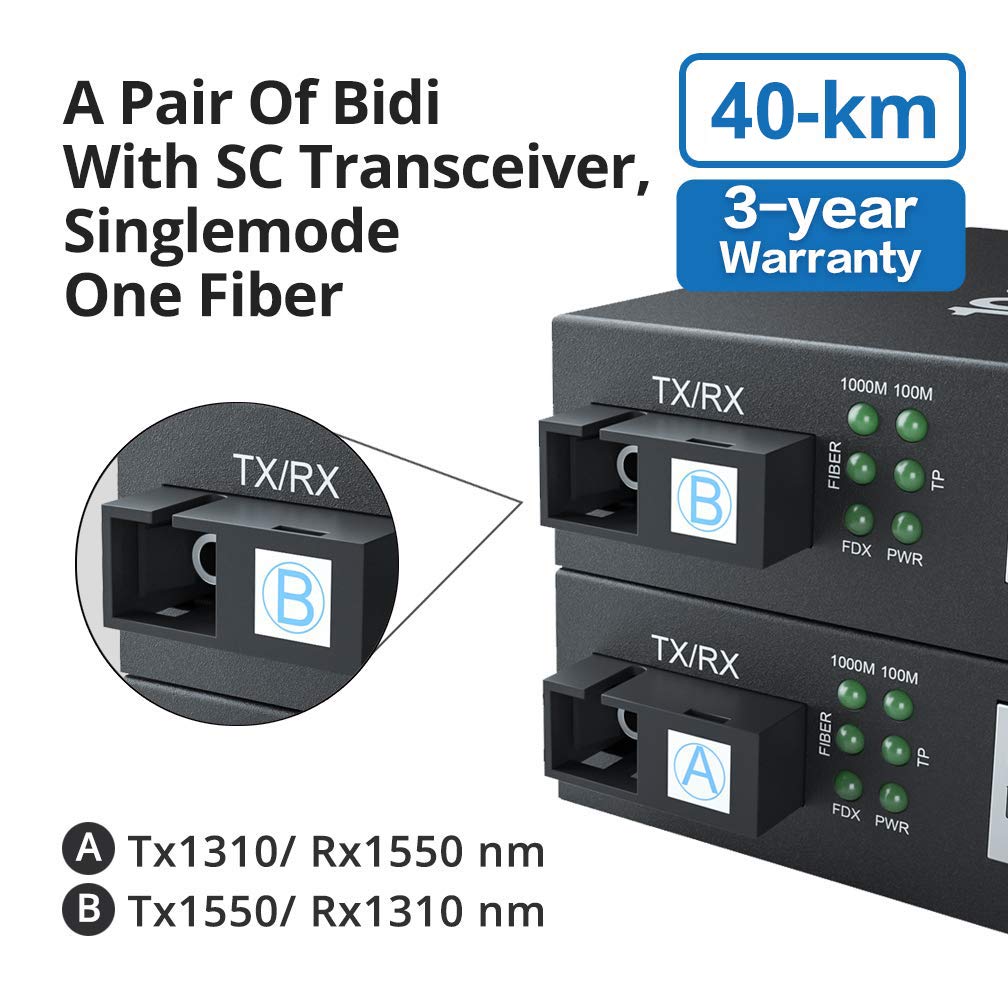 A Pair Of Gigabit Bidi Fiber To Ethernet Media Converter, Singlemode Single Sc Fiber To Ethernet Rj45 Converter For 10/100/1000B