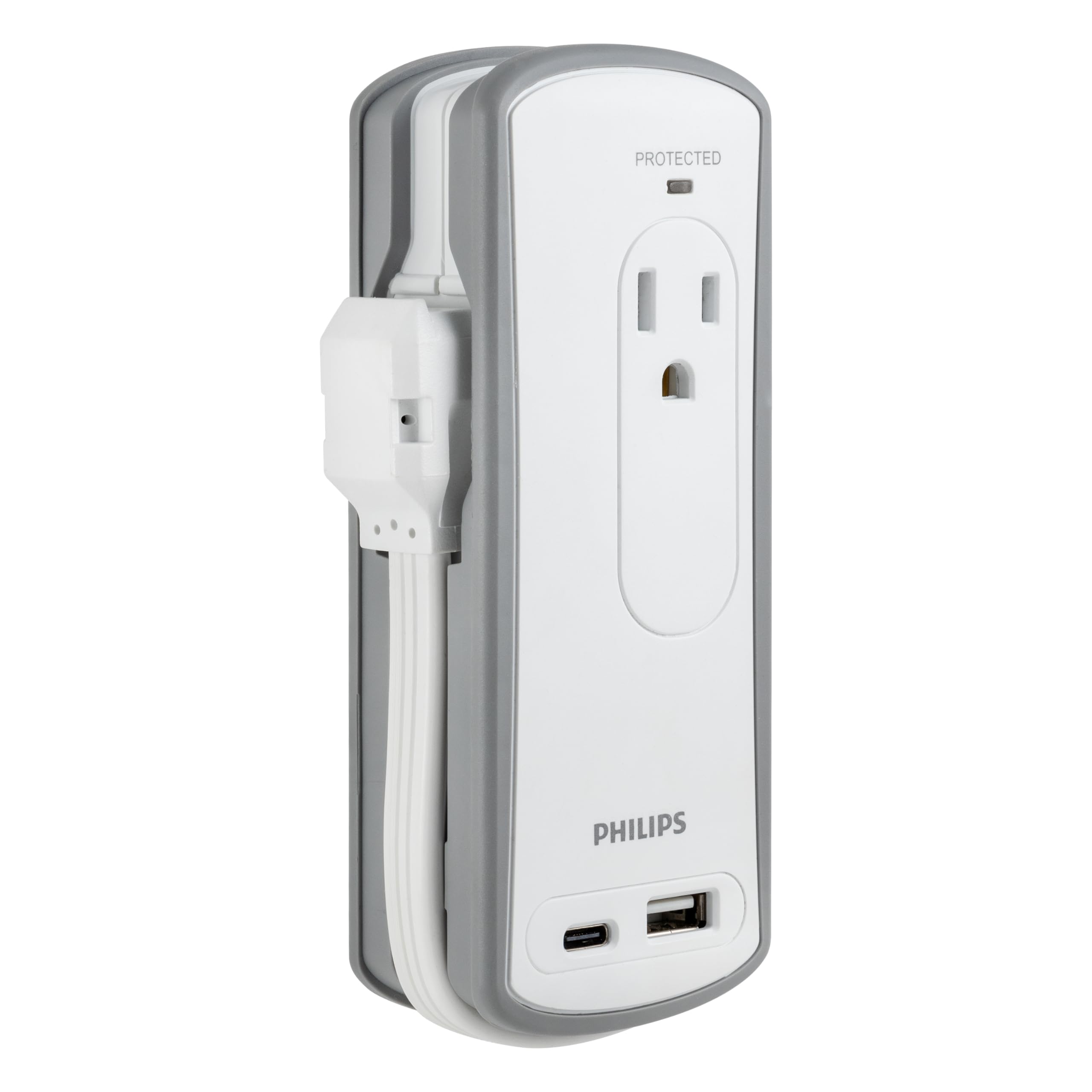 Philips 2 Outlet Travel Surge Protector, 2 Usb 1A/1C, 5V/3.4A, 300J, 1 Ft, Grey/White, Spp2111Wa/37