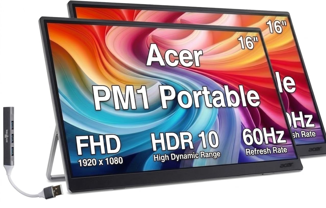 Acer PM1 16 Portable USB-C IPS Monitor with 6ms Response Time, Anti-Glare, 220 nits Brightness, HDR10, Built-in Speakers, Mini H
