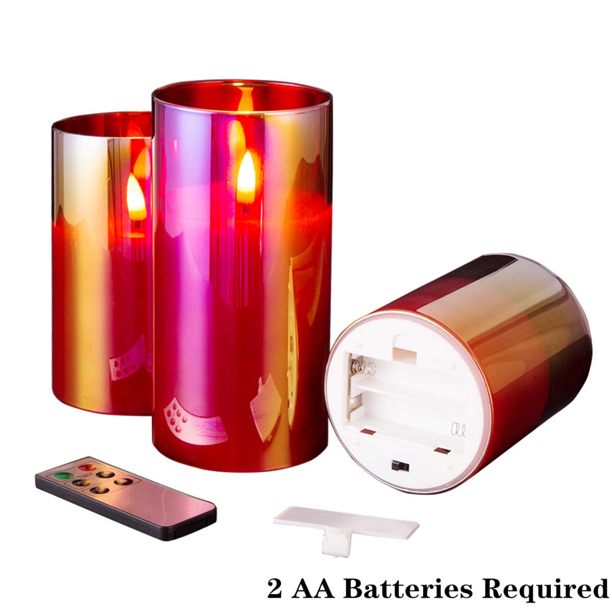 Eywamage Red Glass Flameless Led Pillar Candles With Remote, Flickering Battery Christmas Candles Set Of 3