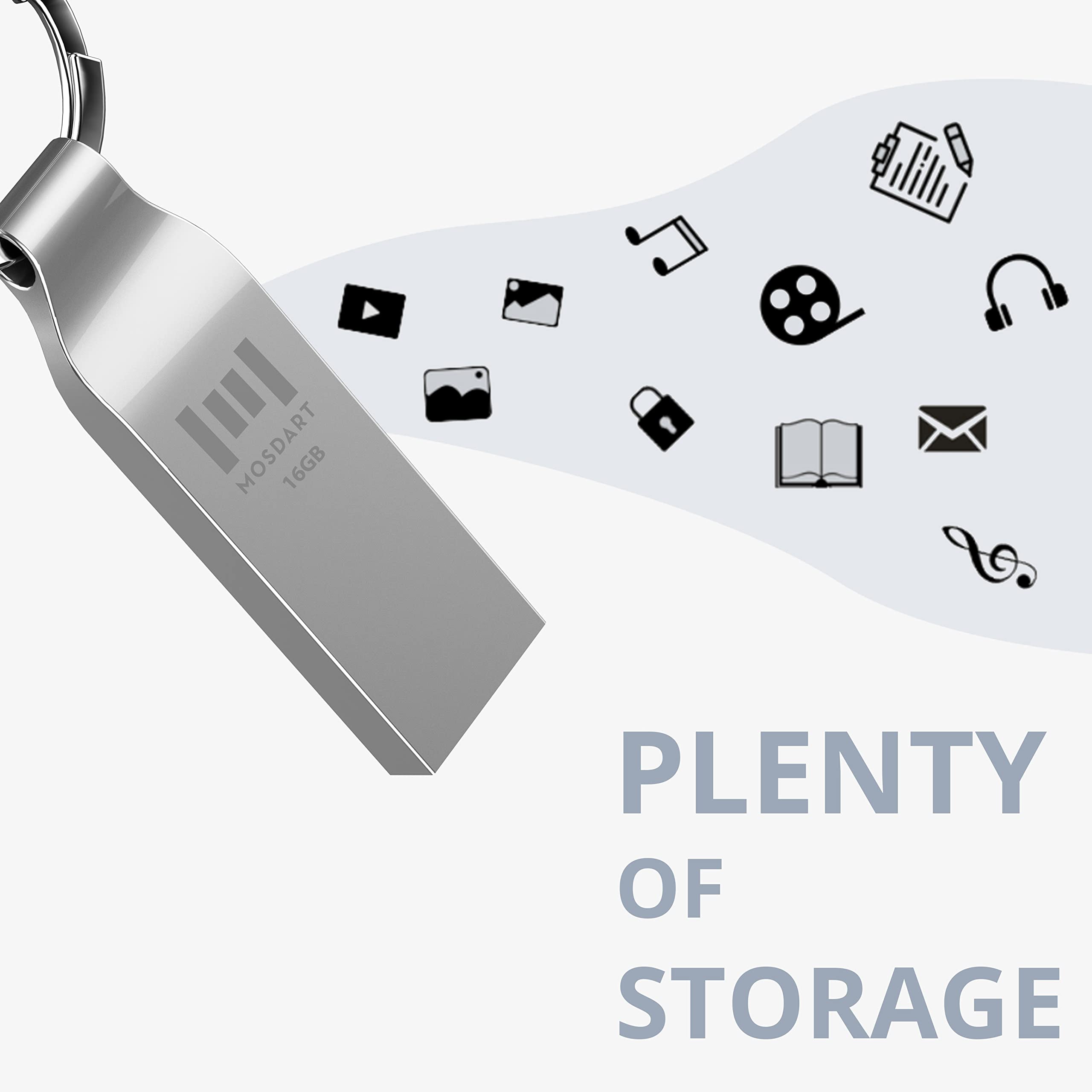 Mosdart Waterproof 16Gb Usb2.0 Flash Drive, Fat32 Metal Memory Stick With Keychain, For System Back, Data Storage, Silver