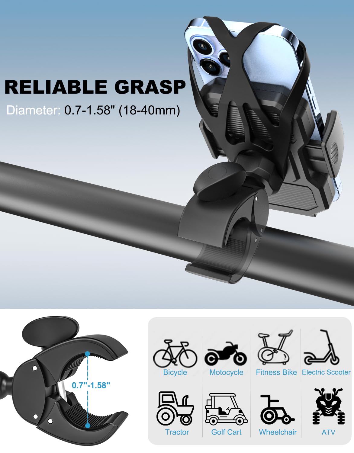 Dosvsi Tractor Phone Clamp Mount, [Upgraded Secure Tether] Stable Cellphone Clip For Forklift/Farming Machine, Front Loader Clip