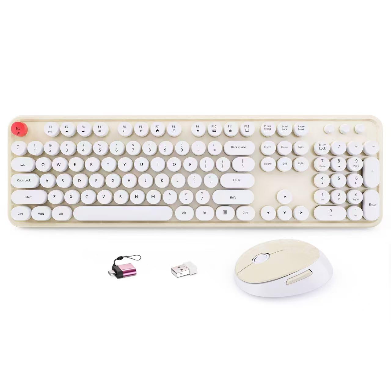 HotFox Wireless Keyboard and Mouse Combo, Full-Size Retro Typewriter Keyboard with Round Keycaps, Ergonomic Design for Windows P