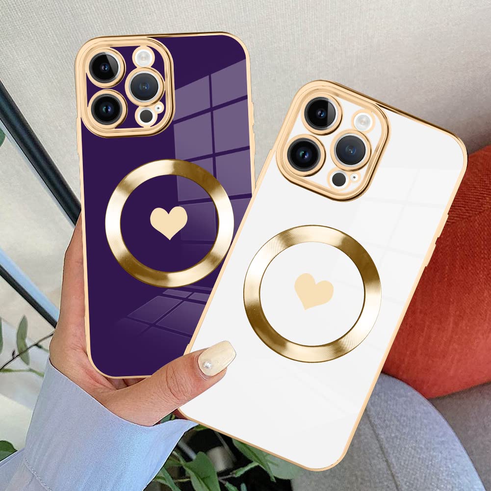 Tharlet Magnetic For Iphone 15 Pro Case [Compatible With Magsafe] Cute Love Luxury Plating Edge Bumper Case With Full Camera Len