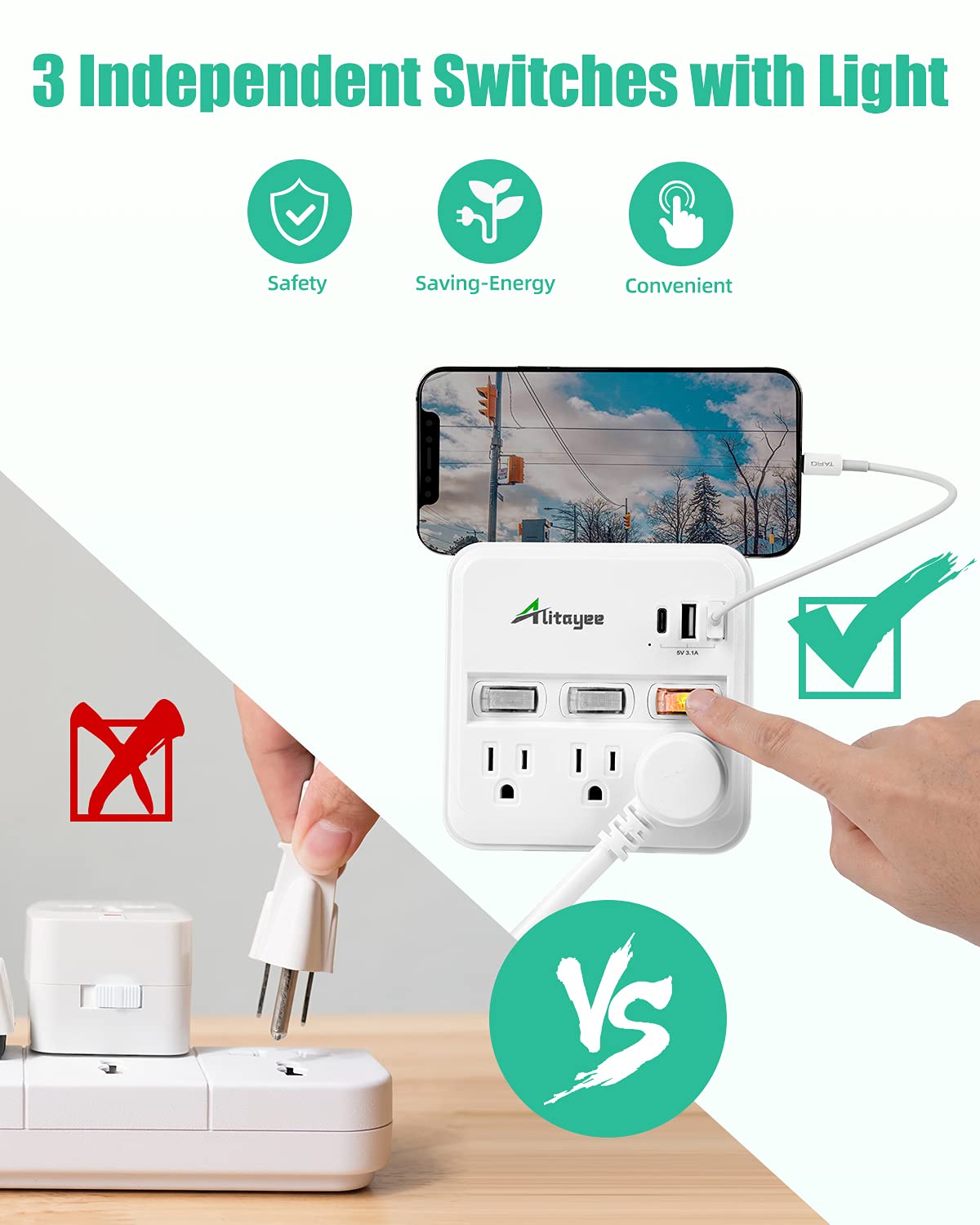 Alitayee Wall Outlet Extender Surge Protector, Usb Power Strips With Individual Switches And 15.5W Type C Fast Charging Ports Fo
