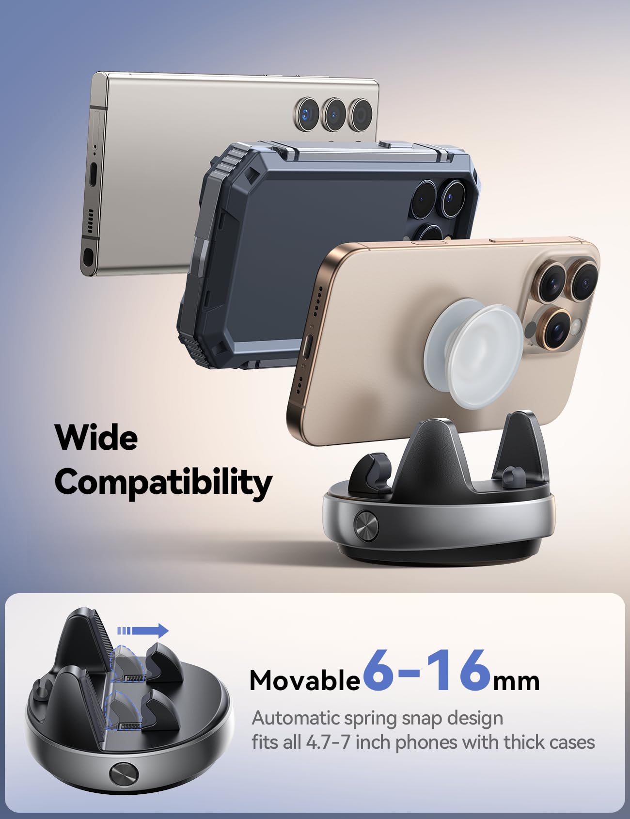 Joyroom Car Phone Holder, [Adjustable Spring Design] Dashboard Cell Phone Holder Compatible With Popsocket, 360Rotatable & Verti