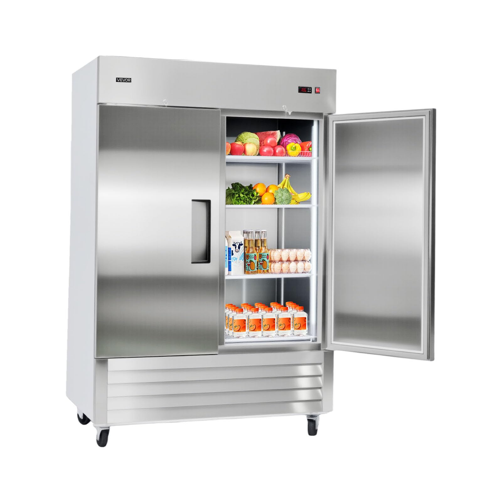 VEVOR Commercial Reach-In Refrigerator 54 W, 44 Cu.Ft Stainless Steel Upright Refrigerator with Double Doors, Auto-Defrost, 8 Ad
