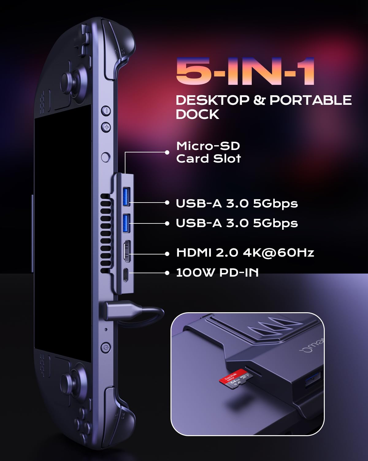 Travel Steam Deck Dock For Steam Deck/Oled, Portable Stand Design Usb C Hub With Tf Card Slot, Hdmi 2.0 4K@60Hz Display, 2*Usb A