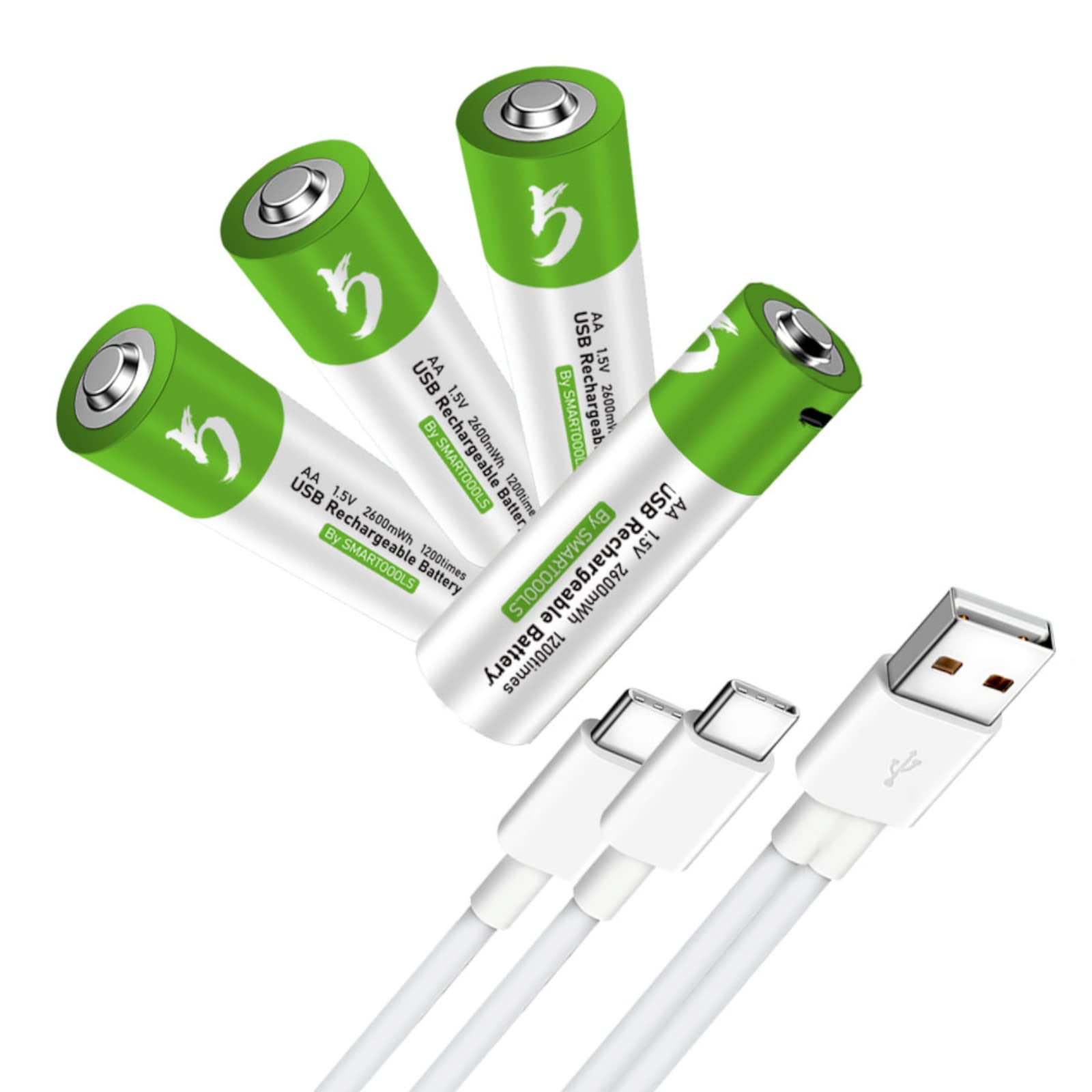 CAMELCELL 4 Pack AA Batteries, Rechargeable AA Batteries, 2600mwh with 4 in 1 USB Type C Charger Cable Double A Lithium Batterie
