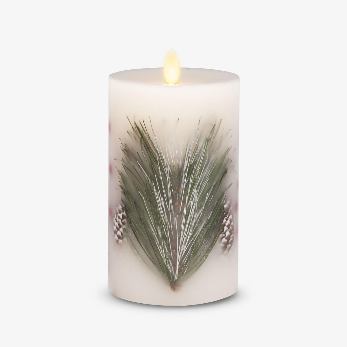 Luminara Embedded Flameless Led Candle, Pine Berries 3.5'' X 6.5'', Moving Flame Pillar, Battery Operated Timer, Real Wax, Unsce