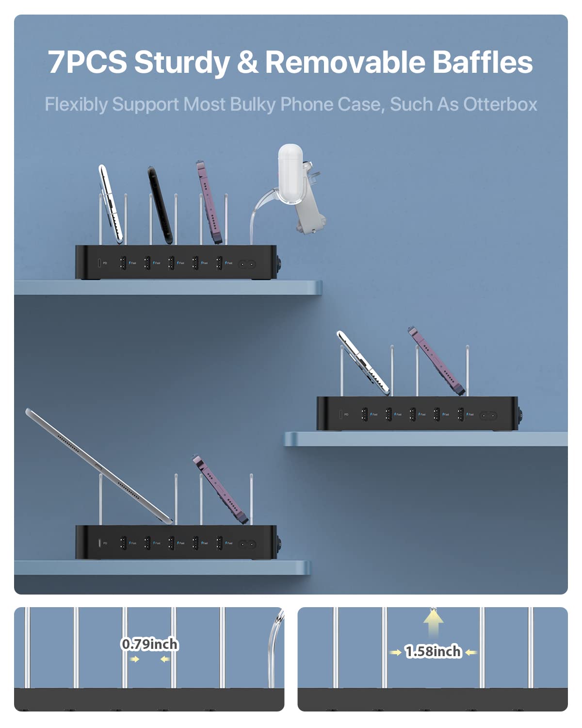 Soopii 6 Port Pd Charging Station For Multiple Devices, 20W Pd Usb C Fast Charging For Lphone 141312,6 Short Cables Included, 2