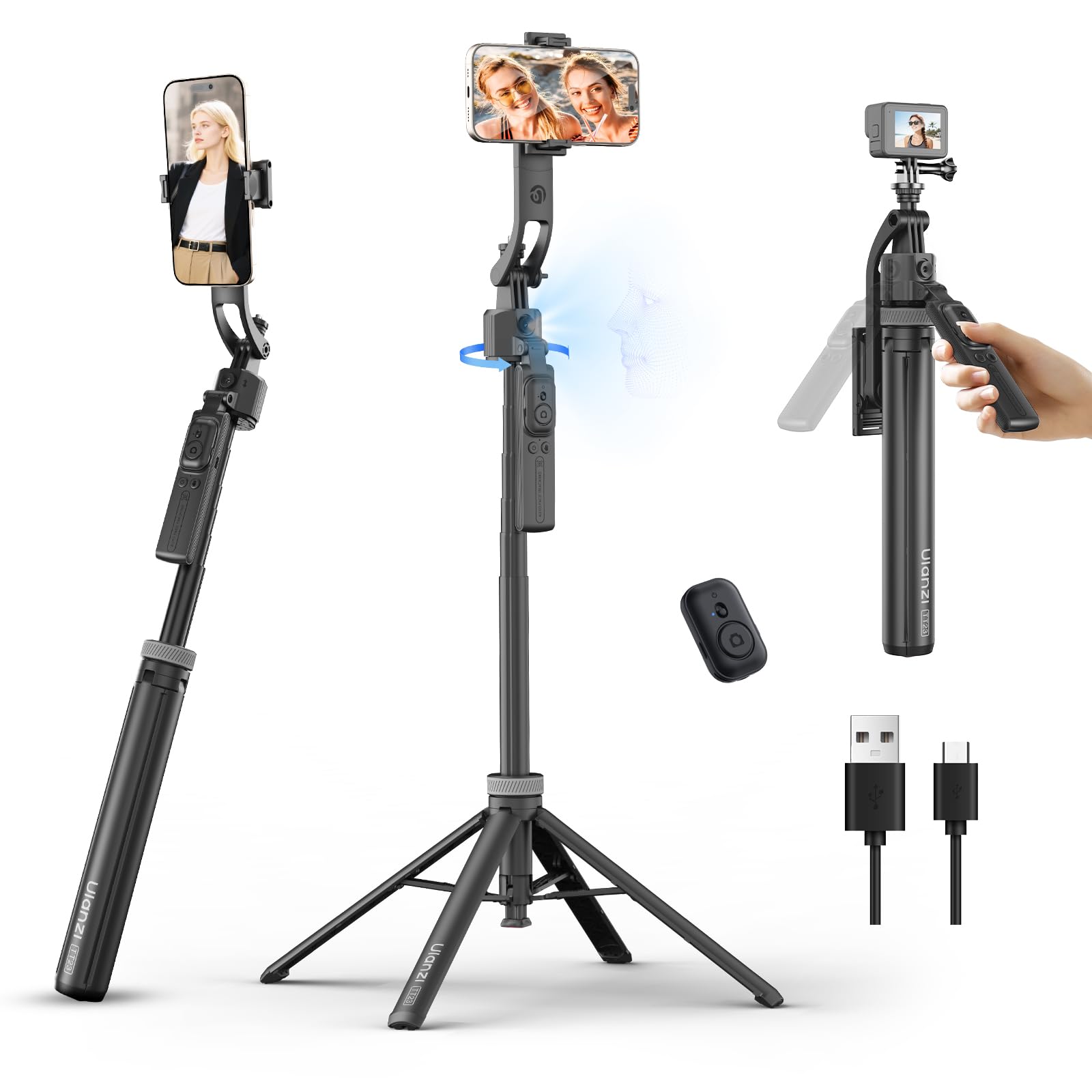 ULANZI TT23 64 Auto Face Tracking Tripod for iPhone/Android with Remote, 360Rotating Selfie Stick That Follows Your Movement, Fa
