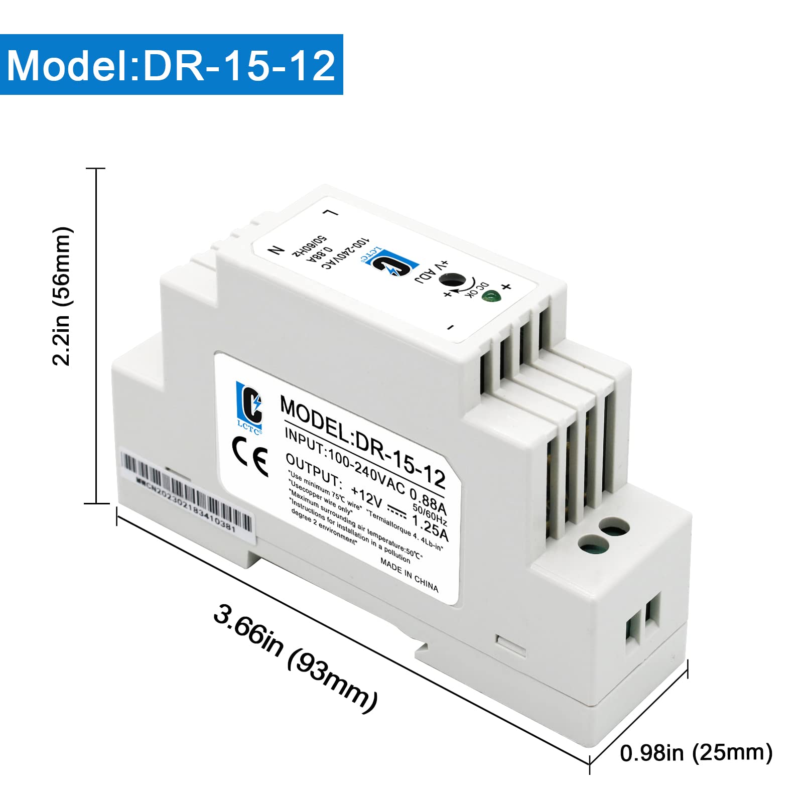 Lclctc Dc 12V Din Rail Power Supply Slim 15W 1.25A Max(1A Can Also Be Used);Thin;(Input:100 240Vac,Output:12Vdc,50/60Hz) (Volts_
