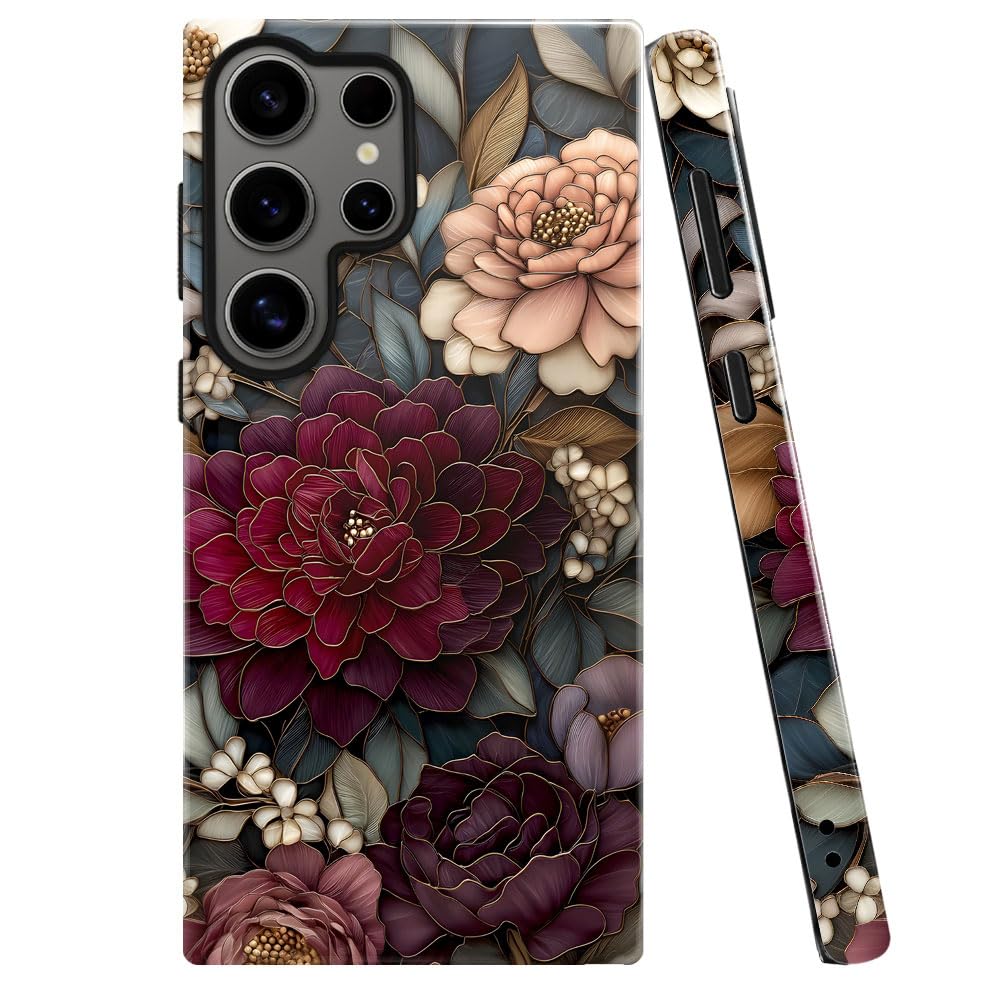 Case for Samsung Galaxy S23 Ultra,Stained Glass Vintage Floral Phone Case Military-Grade Drop Protection Cover for Women Girl - 