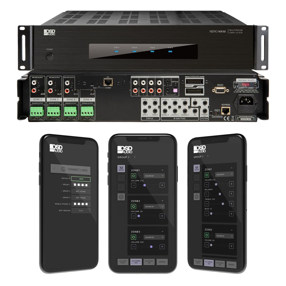 OSD Nero Max8: 4 Zone, 4 Source Amplifier 80W Power, Multi Room Audio Control, App Integration for iOS & Android, Expand up to 12 Zones, Control4 Driver Support