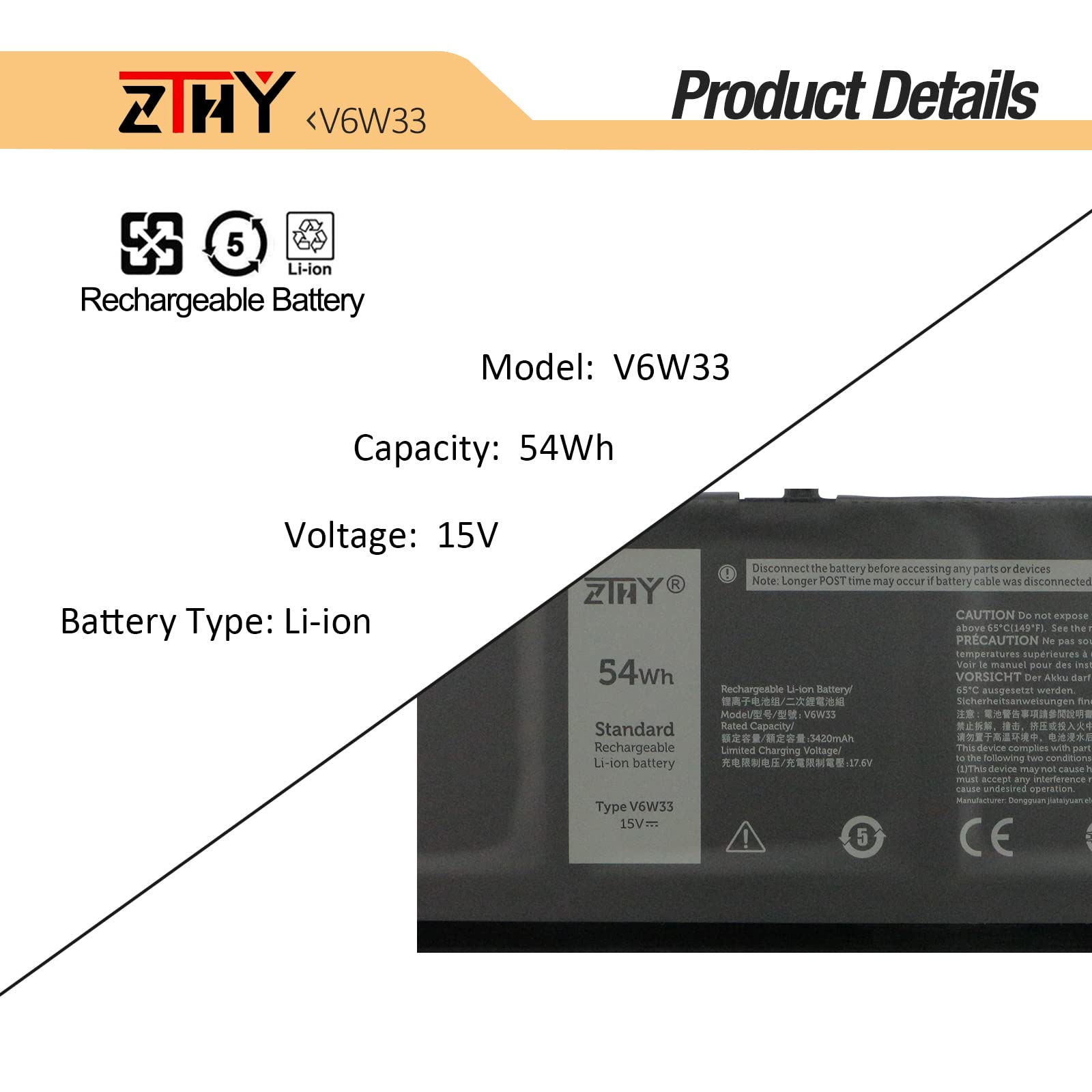 Zthy 54Wh V6W33 Laptop Battery Replacement For Dell Inspiron 3510 3511 3515 5310 5410 5418 5510 5515 5518 5625 5630 5635 Latitud
