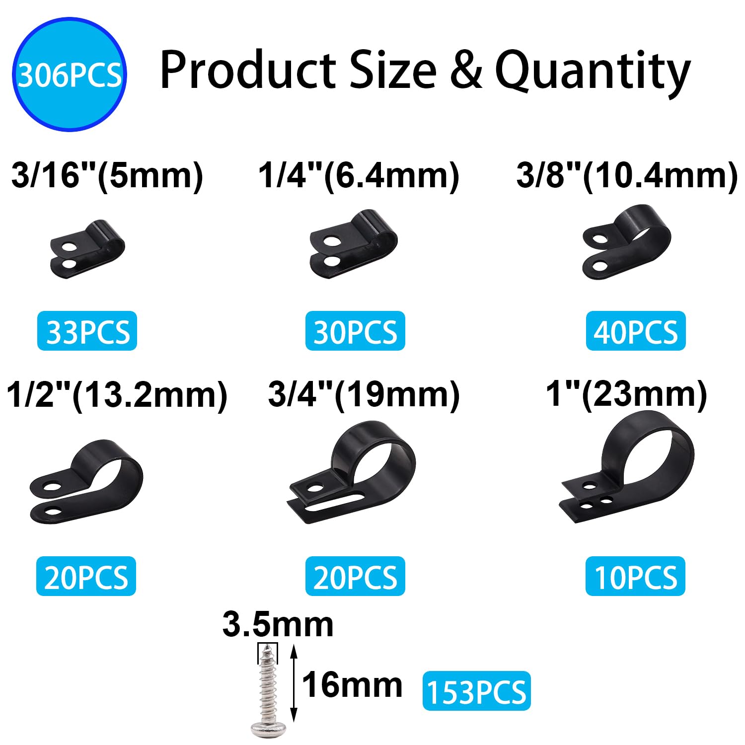 Twtade 306Pcs Black Cable Clamps Nylon Plastic R Type 6 Sizes 3/16'' 1/4'' 3/8'' 1/2'' 3/4'' 1'' Cable Mounting Wire Clips Assor
