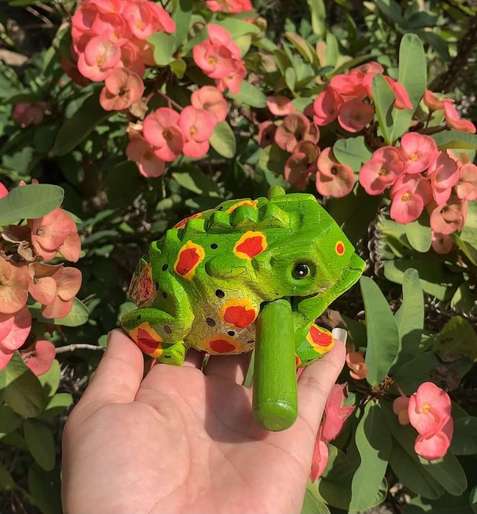 4 Inch Guiros Percussion Instruments Wooden Frog, Wooden Frog Musical Instrument Home Decor Handcrafted Decoration (Green Fancy