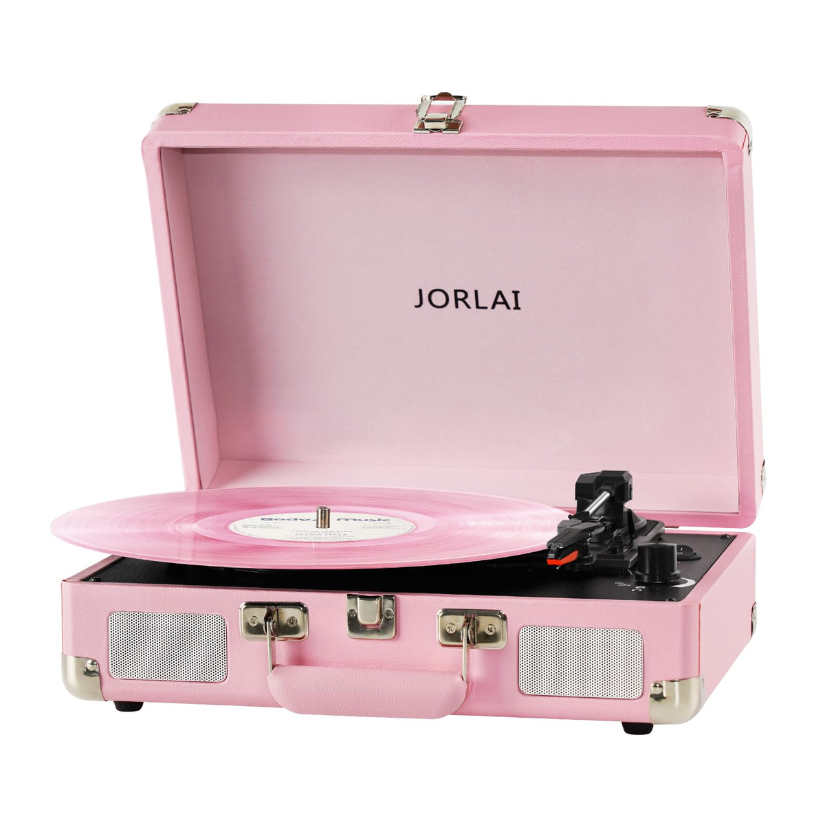 Jorlai Pink Vinyl Record Player 3 Speeds Portable Suitcase Turntable With Built In Dual Speakers, Bluetooth Gramophone With Buil