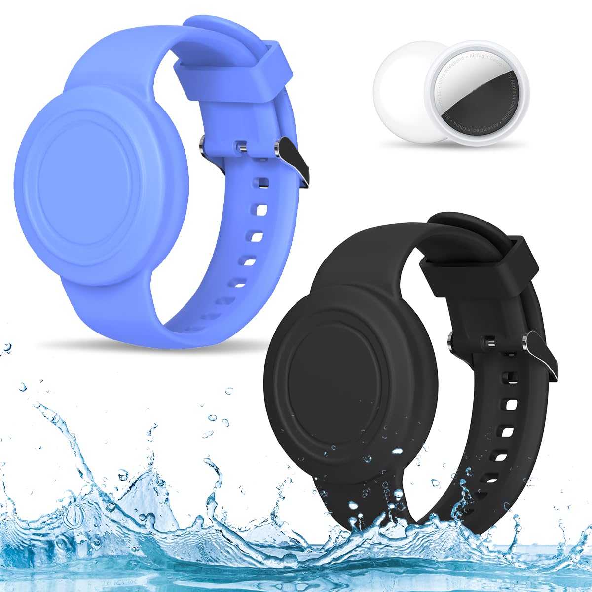 2 Pack Compatible For Airtag Bracelet Kids, Waterproof Air Tag Holder Hidden Full Coverage Design Air Tag Accessories, Soft Silicone Air Tag Case For Toddlers Childs Adults (Black & Blue)