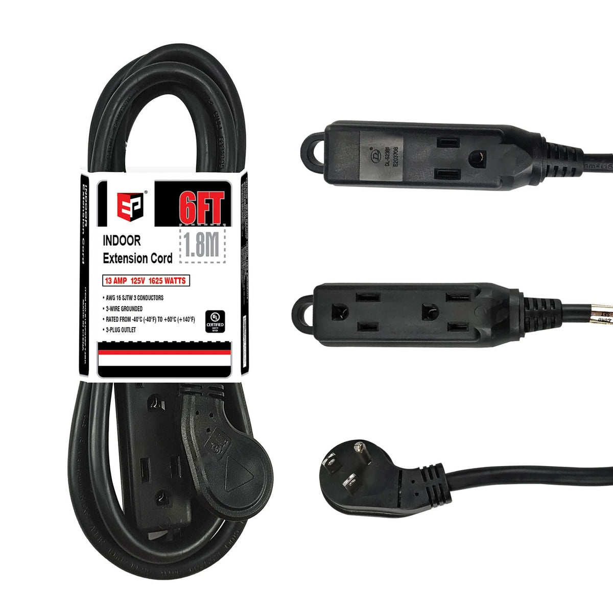 Ep Low Profile 6 Ft Flat Plug Extension Cord   16 Awg 3 Prong Grounded Cable With 3 Outlets, Perfect For Indoor Use, Black, Ul L