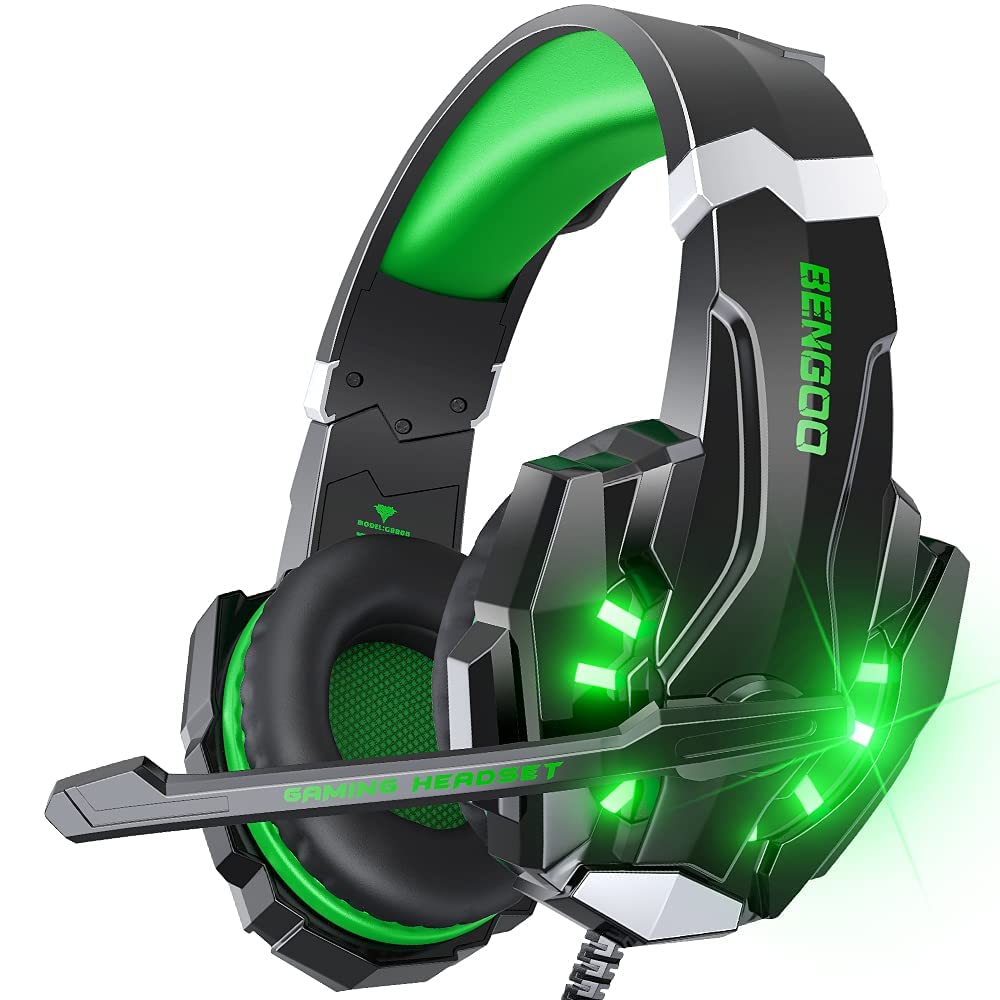Bengoo G9000 Stereo Gaming Headset For Ps4 Pc Xbox One Ps5 Controller, Noise Cancelling Over Ear Headphones With Mic, Led Light, Bass Surround, Soft Memory Earmuffs For Laptop Mac   Green