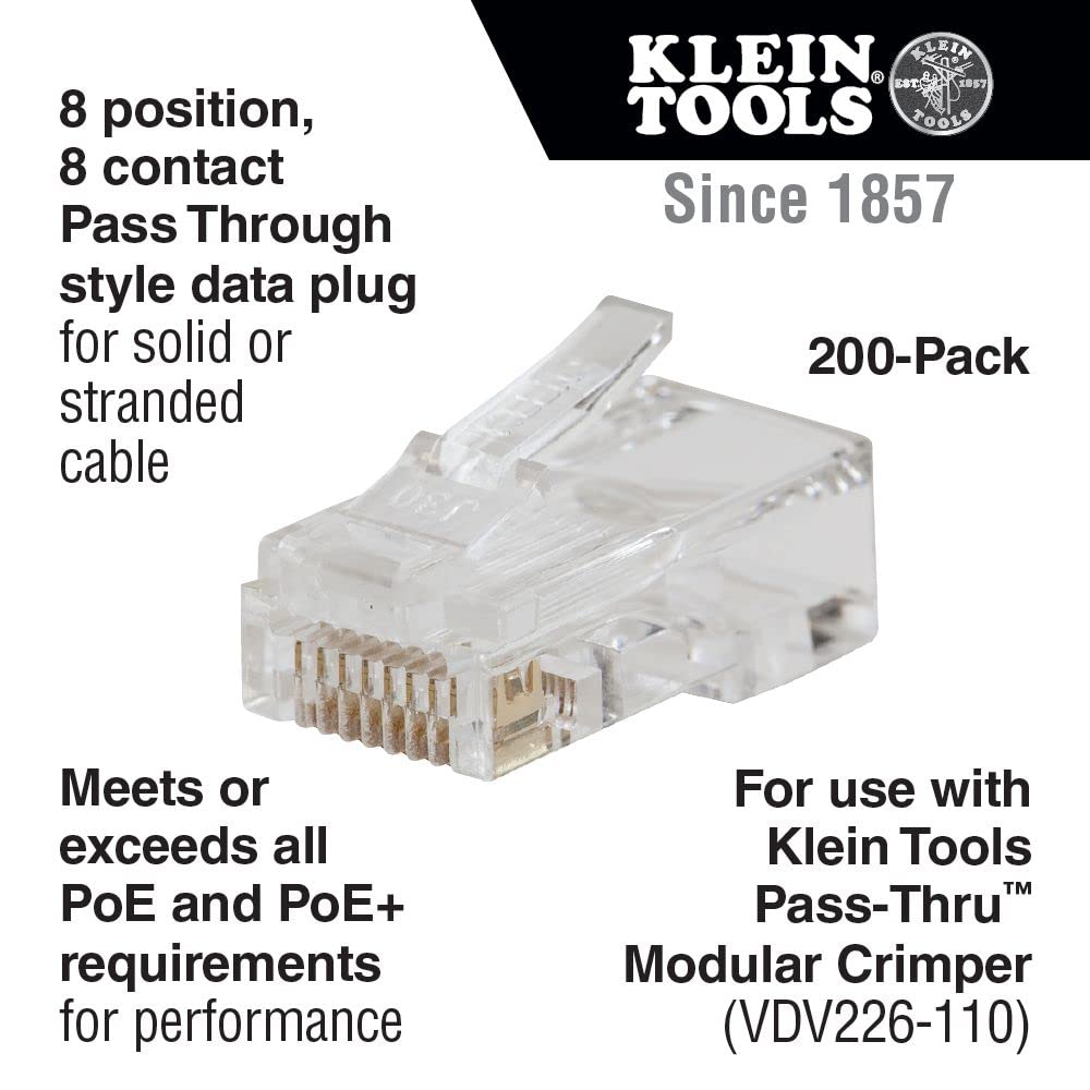 Klein Tools Vdv826 763 Pass Thru Modular Data Plug, Rj45 Cat6, Gold Plated, Pass Through Connectors 200 Pack