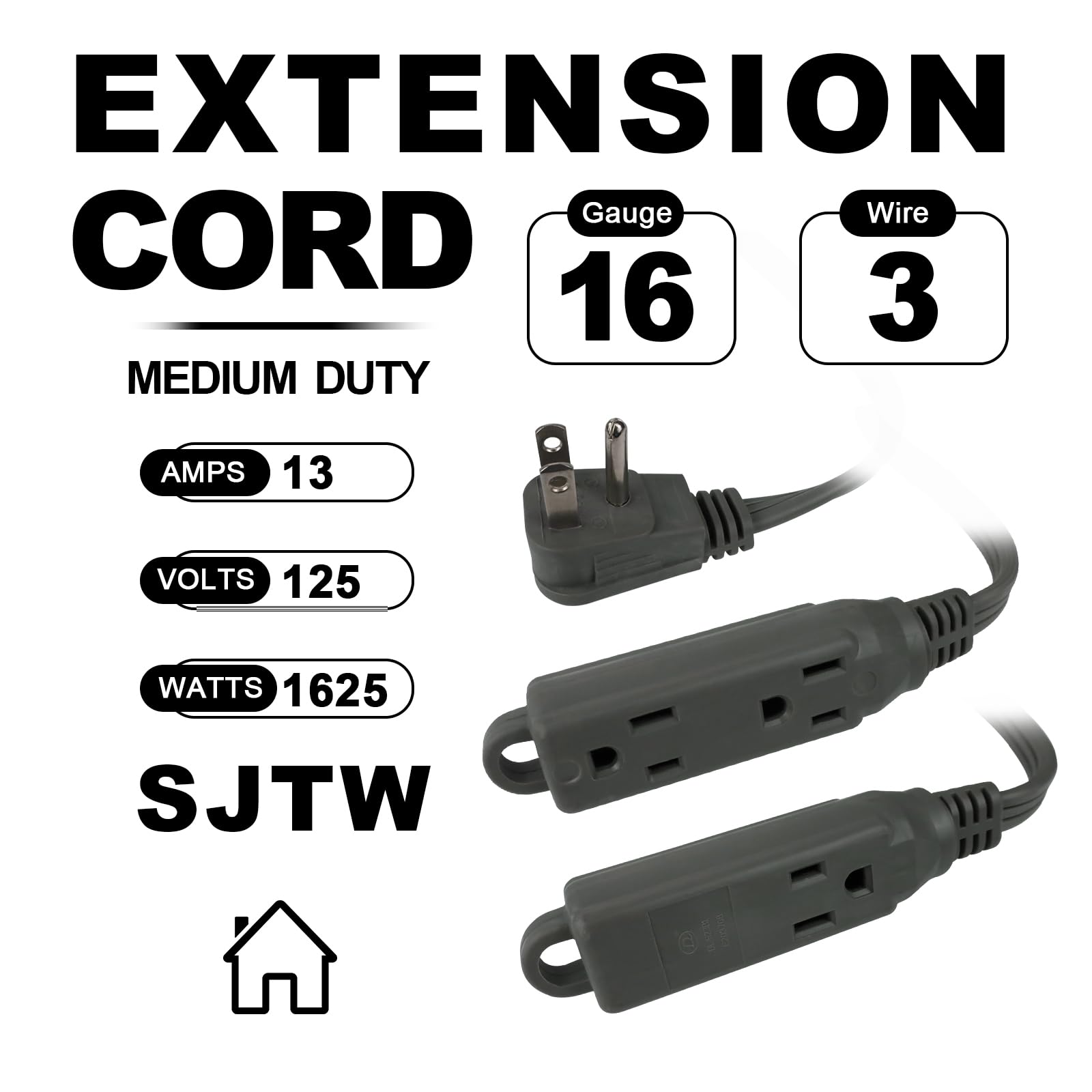 Ep 1 Ft 3 Outlet Extension Cord With Flat Plug, 3 Prong Grounded, 16/3 Spt 3 Power Cable For Indoor Use, Grey, 2 Pack