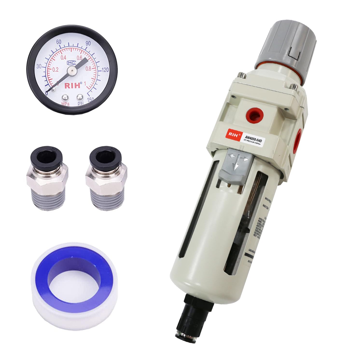 Rih Pneumatics 1/2''Npt Auto Drain Air Filter Pressure Regulator Combo Piggyback, Air Pressure Regulator,Water Separator Air Com