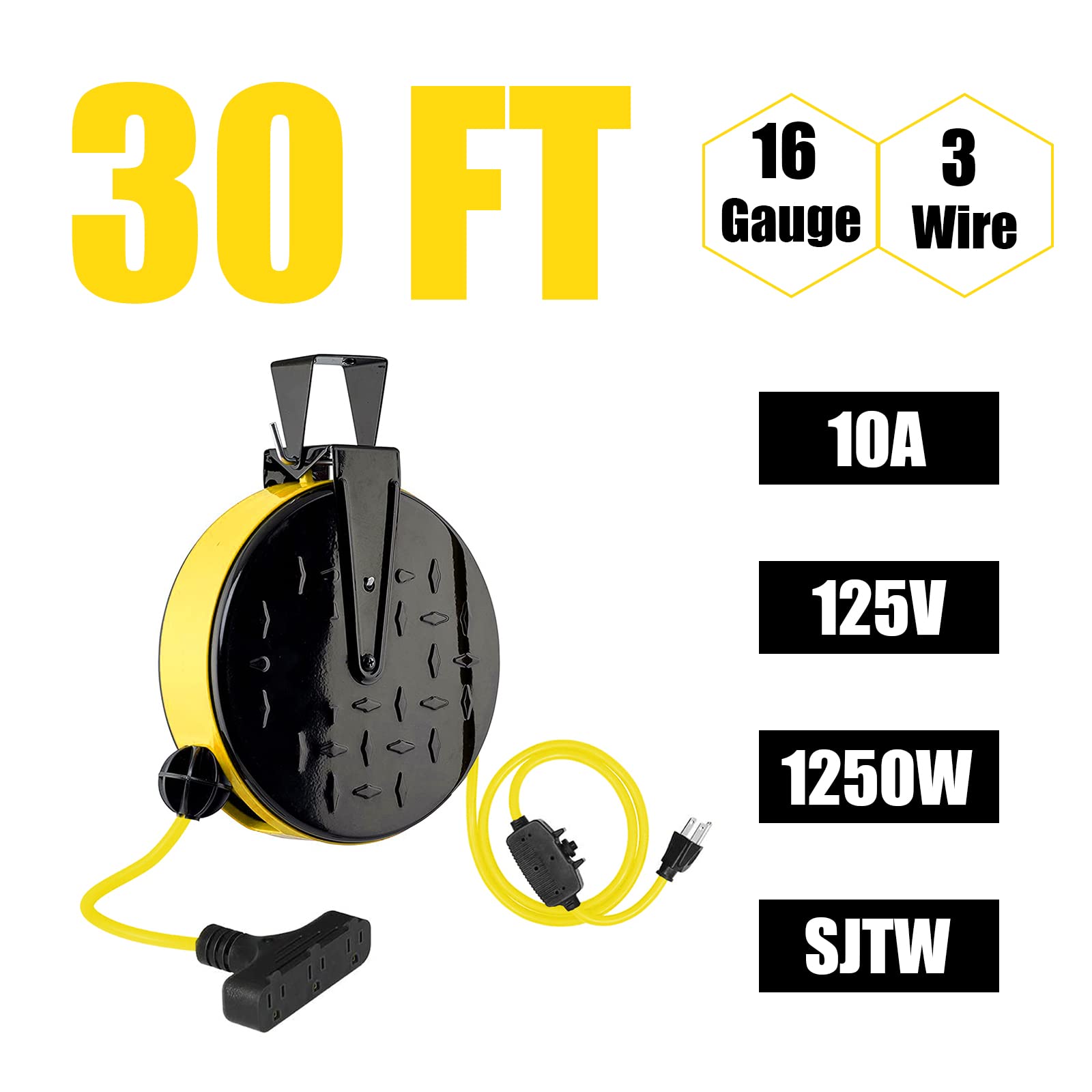 Greatide 30 Ft Retractable Extension Cord Reel, 16/3 Sjtw Power Cord With 3 Electrical Outlets And 10 Amp Circuit Breaker, Ceili