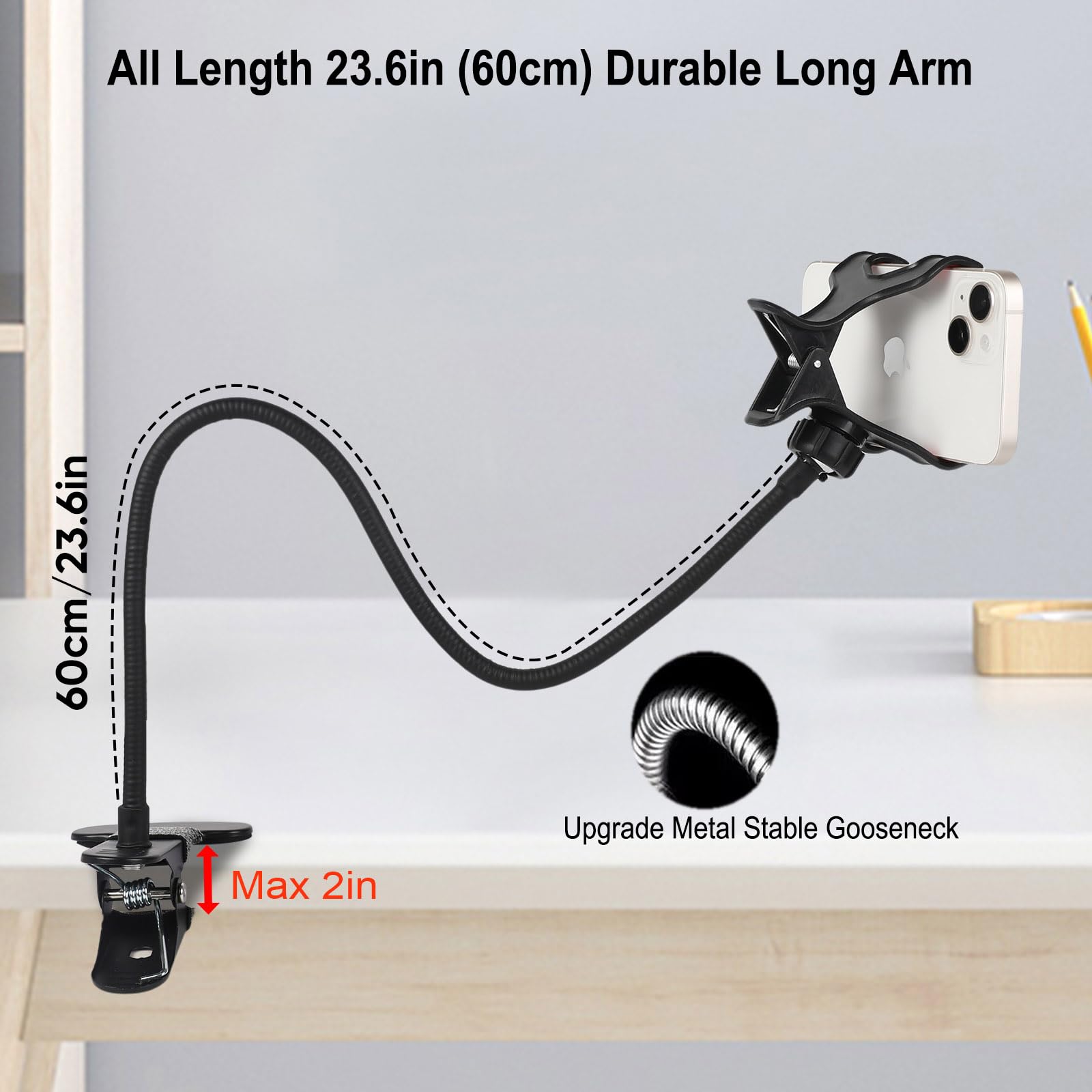 Kuryai Gooseneck Phone Holder For Bed, [Upgrade Metal Stable] Flexible Gooseneck Long Arm Phone Mount For Desk With 360 Adjustab