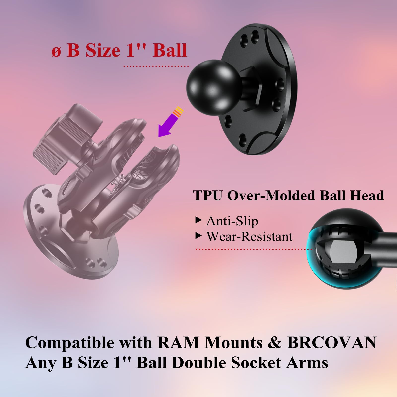 Brcovan 2 Pcs, 1'' Ball Mount Base With Aluminum Alloy Amps Hole Round Plate & 1'' Tpu Ball Adapter Compatible With Ram Mounts B Size 1 Inch Ball Double Socket Arm