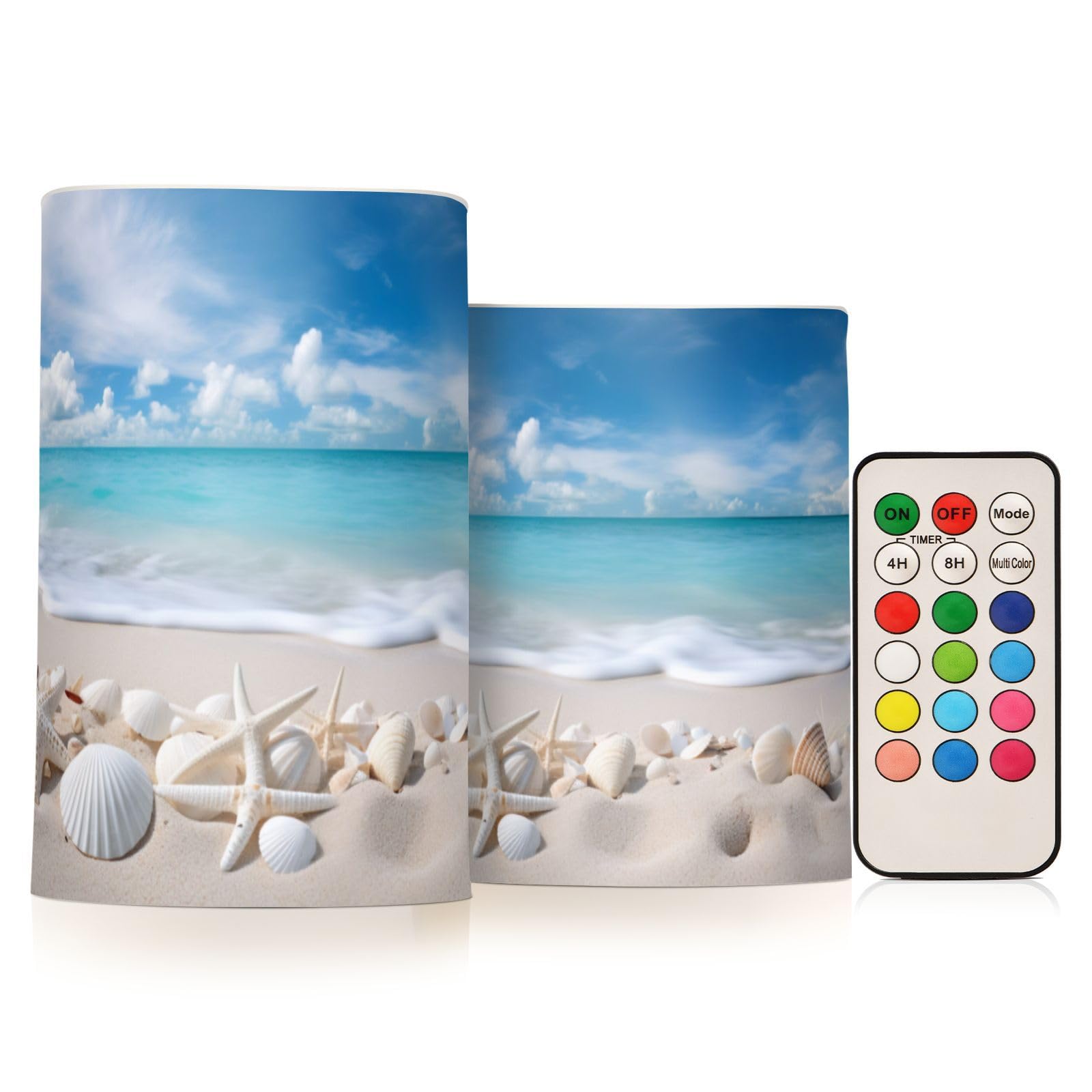 BOENLE Flickering Flameless Candles, Starfishes Seashells Beach Blue Sky LED Candles with Remote Timer, Set of 2 Battery Operate