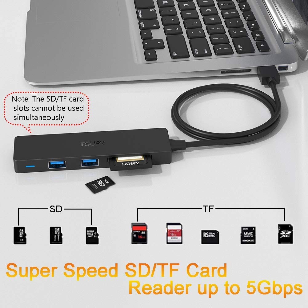 Usb Hub 3.0 Splitter, Tsupy Usb 3.0 Hub Multi Usb Adapter Port Expander With 4Ft Cable, Sd/Tf Card Reader & 3 Usb 3.0 Ports Compatible For Pc, Laptops, Surface Pro, Macbook, Imac Pro