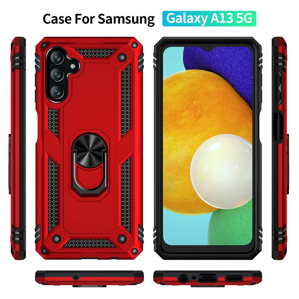 Galaxy A13 5G & A04S Case With Hd Screen Protector, Androgate Military Grade, Shockproof Cover, Ring Holder & Kickstand, Red